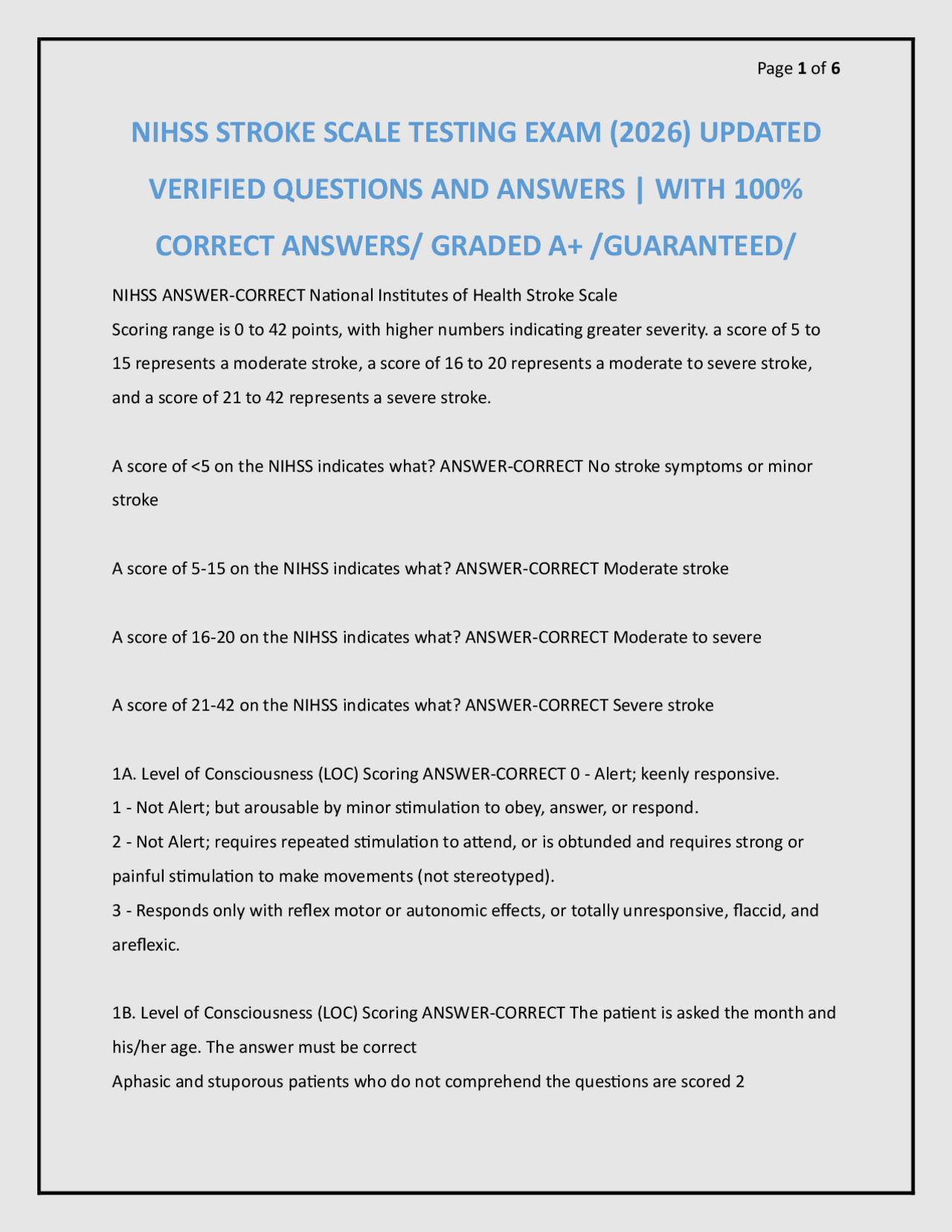 NIHSS STROKE SCALE TESTING EXAM (2026) UPDATED VERIFIED QUESTIONS AND ...