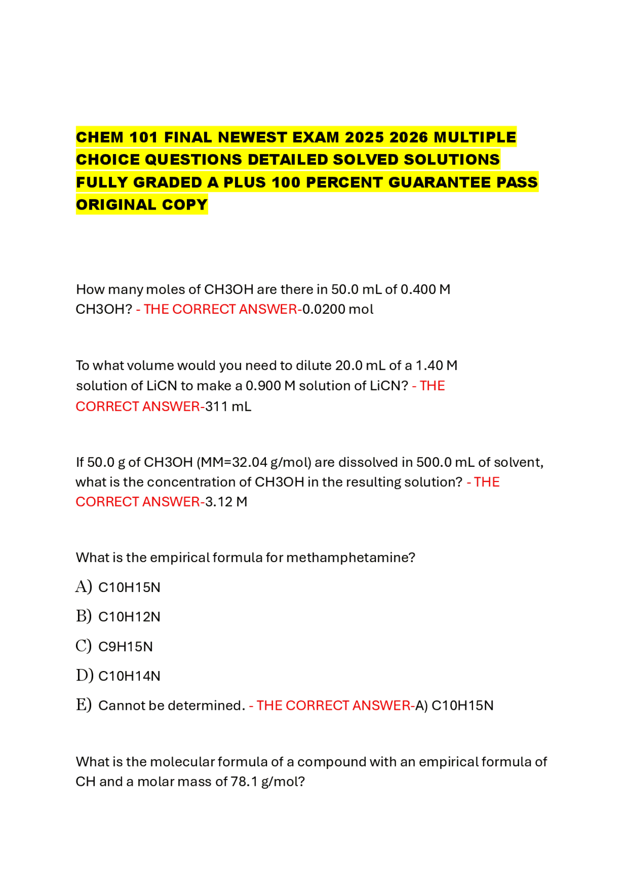 CHEM 101 FINAL NEWEST EXAM 2025 2026 MULTIPLE CHOICE QUESTIONS DETAILED ...