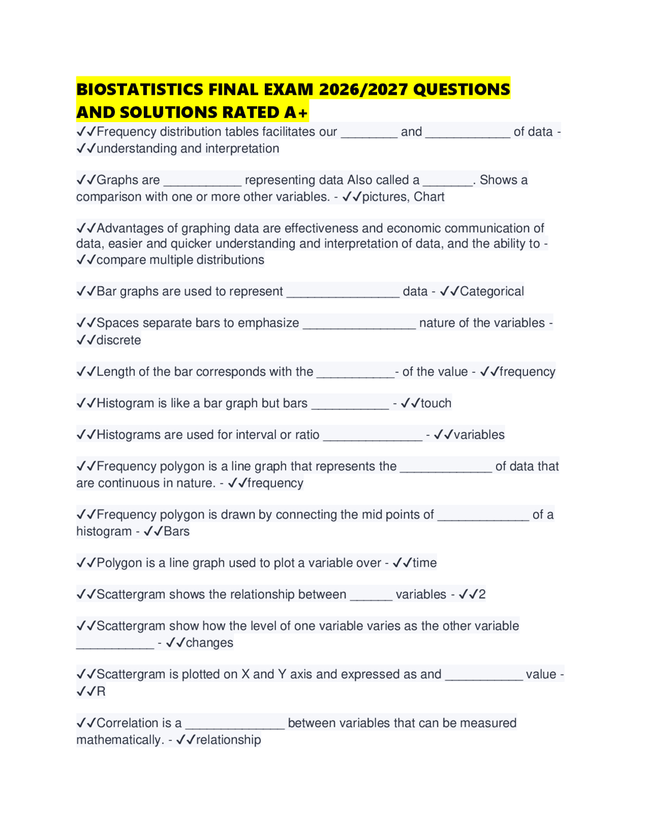 BIOSTATISTICS FINAL EXAM 2026/2027 QUESTIONS AND SOLUTIONS RATED A+ ...