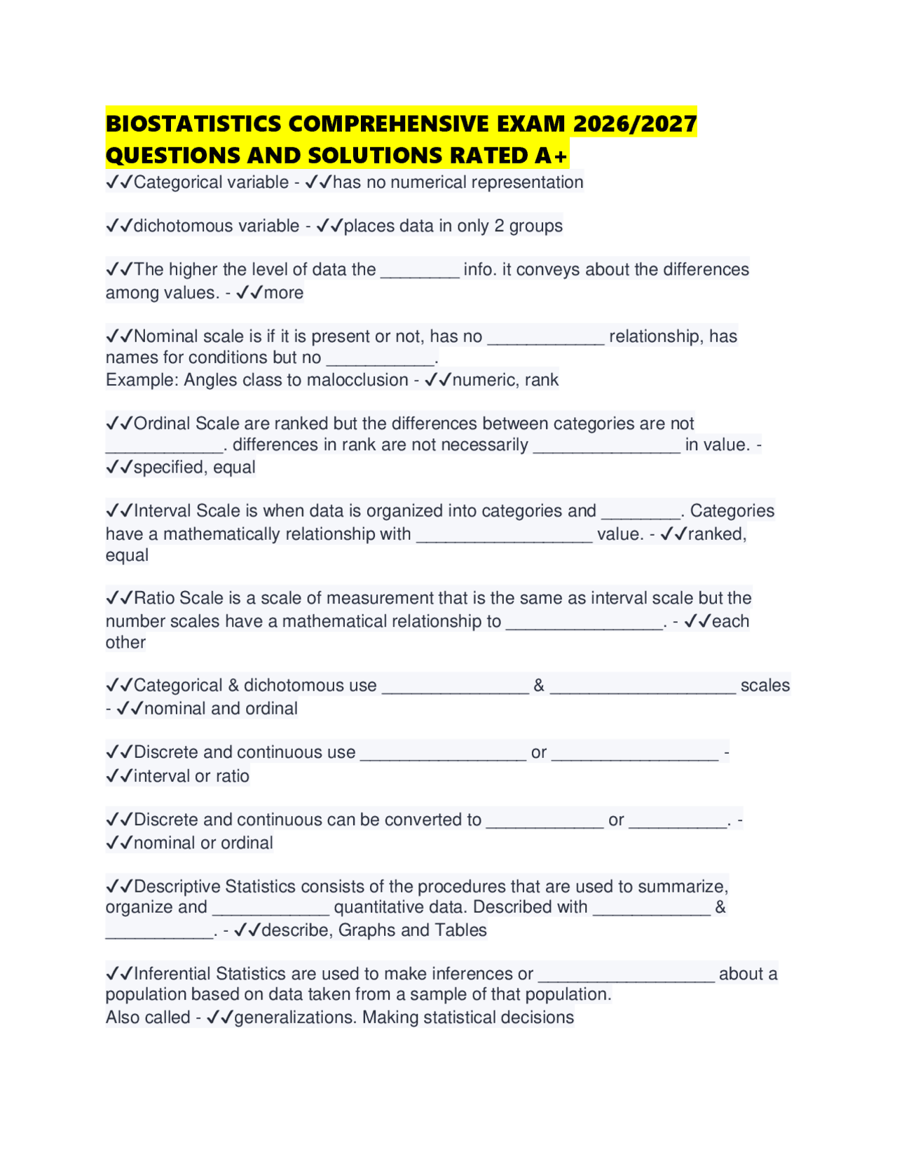 BIOSTATISTICS COMPREHENSIVE EXAM 2026/2027 QUESTIONS AND SOLUTIONS ...
