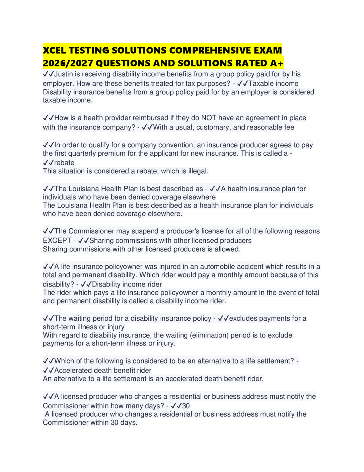 XCEL TESTING SOLUTIONS COMPREHENSIVE EXAM 2026/2027 QUESTIONS AND ...