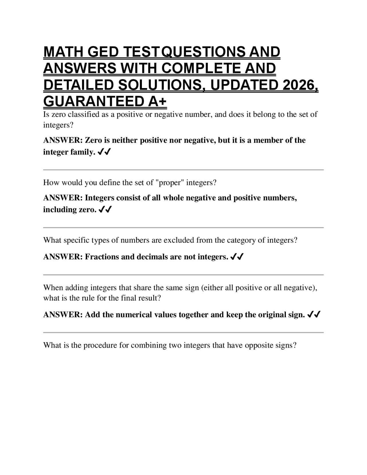 MATH GED TEST QUESTIONS AND ANSWERS WITH COMPLETE AND DETAILED ...