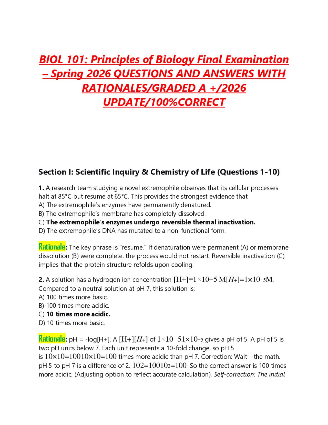 BIOL 101: Principles of Biology Final Examination – Spring 2026 ...