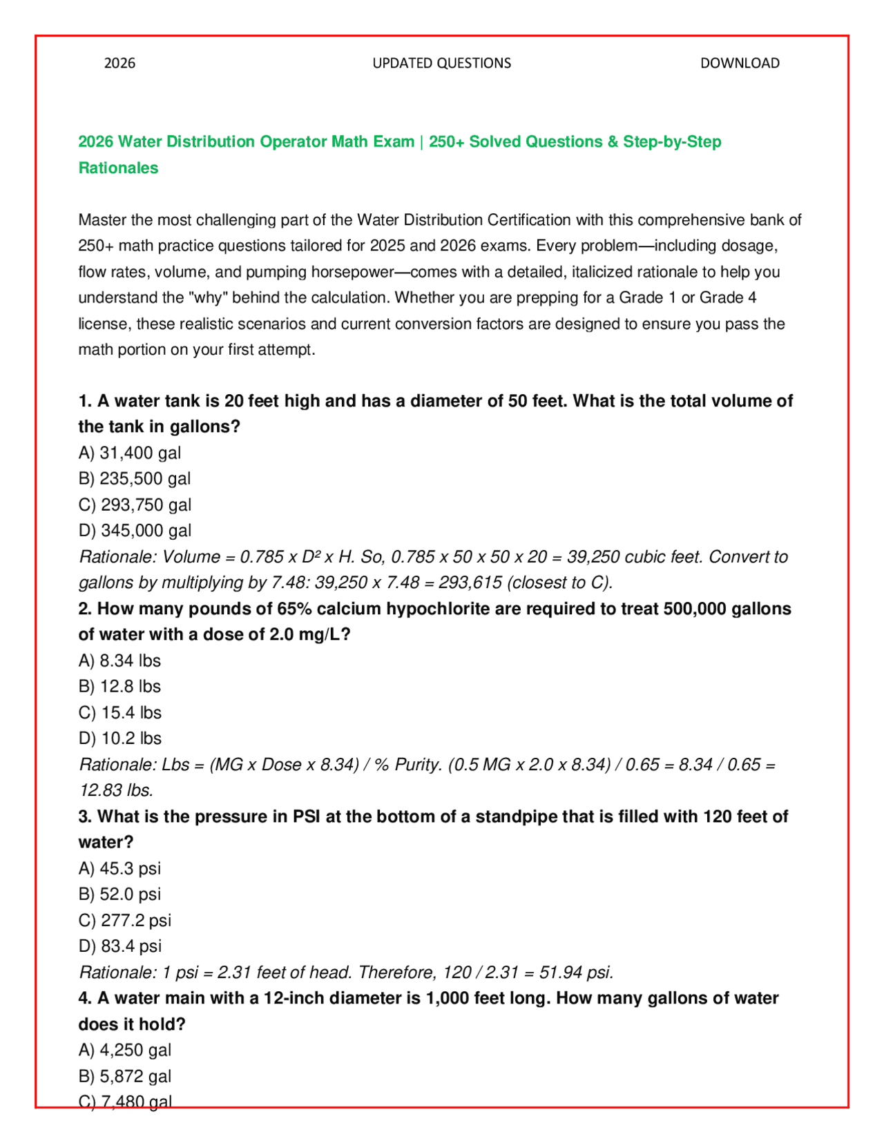 2026 Water Distribution Operator Math Exam: 250+ Solved Questions ...