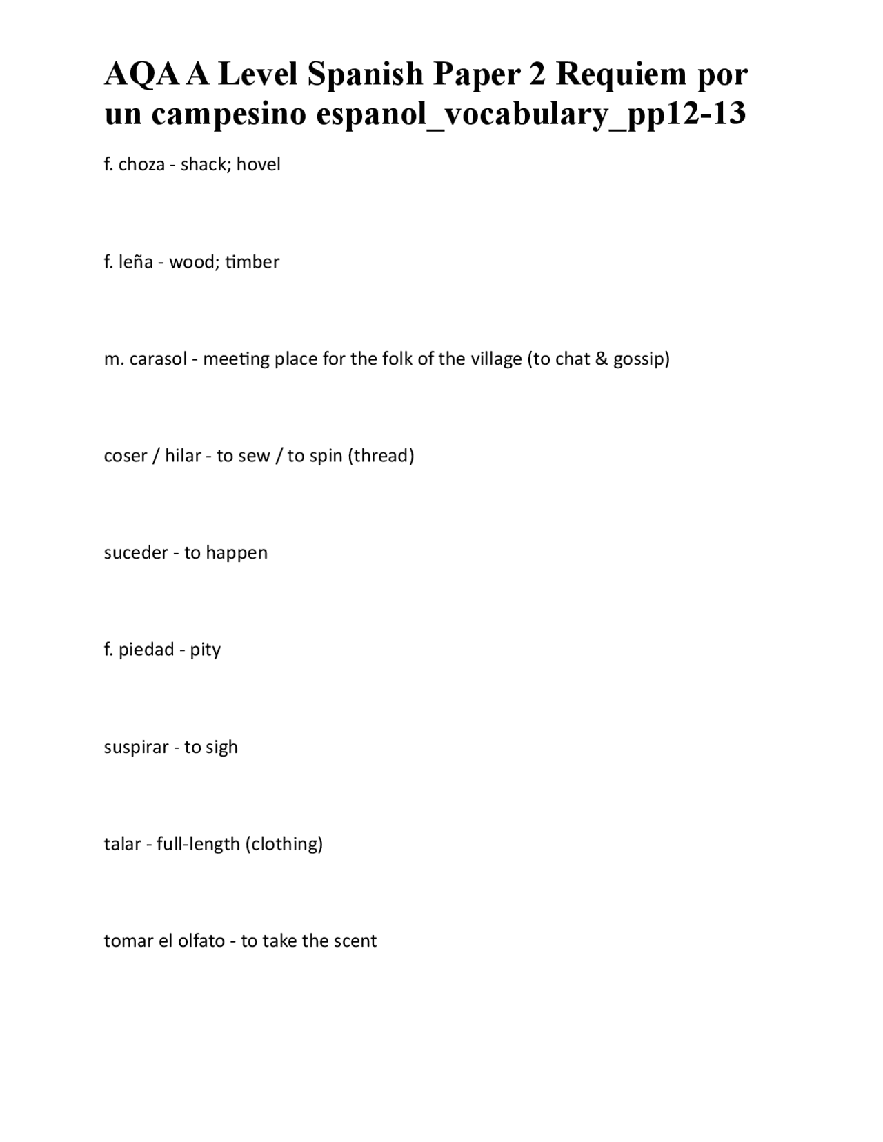 AQA A Level Spanish Paper 2 Requiem por un campesino espanol_vocabulary ...