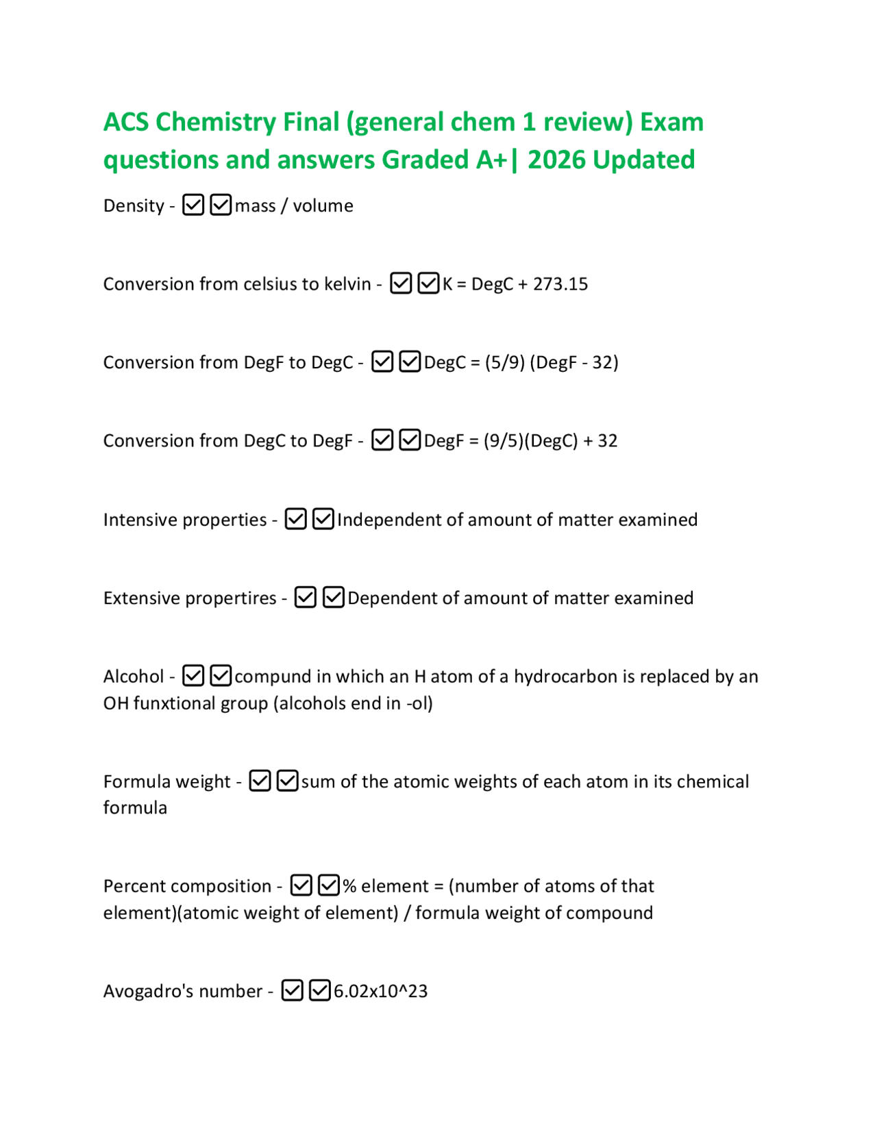 ACS Chemistry Final (general chem 1 review) Exam questions and answers ...