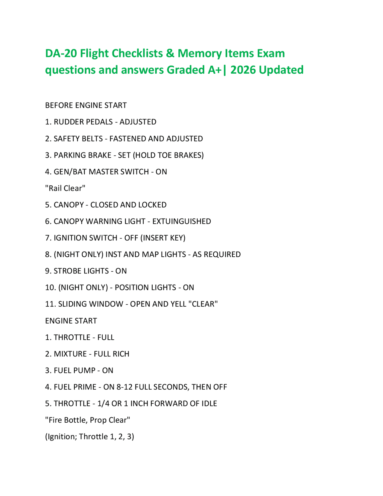DA-20 Flight Checklists & Memory Items Exam questions and answers ...