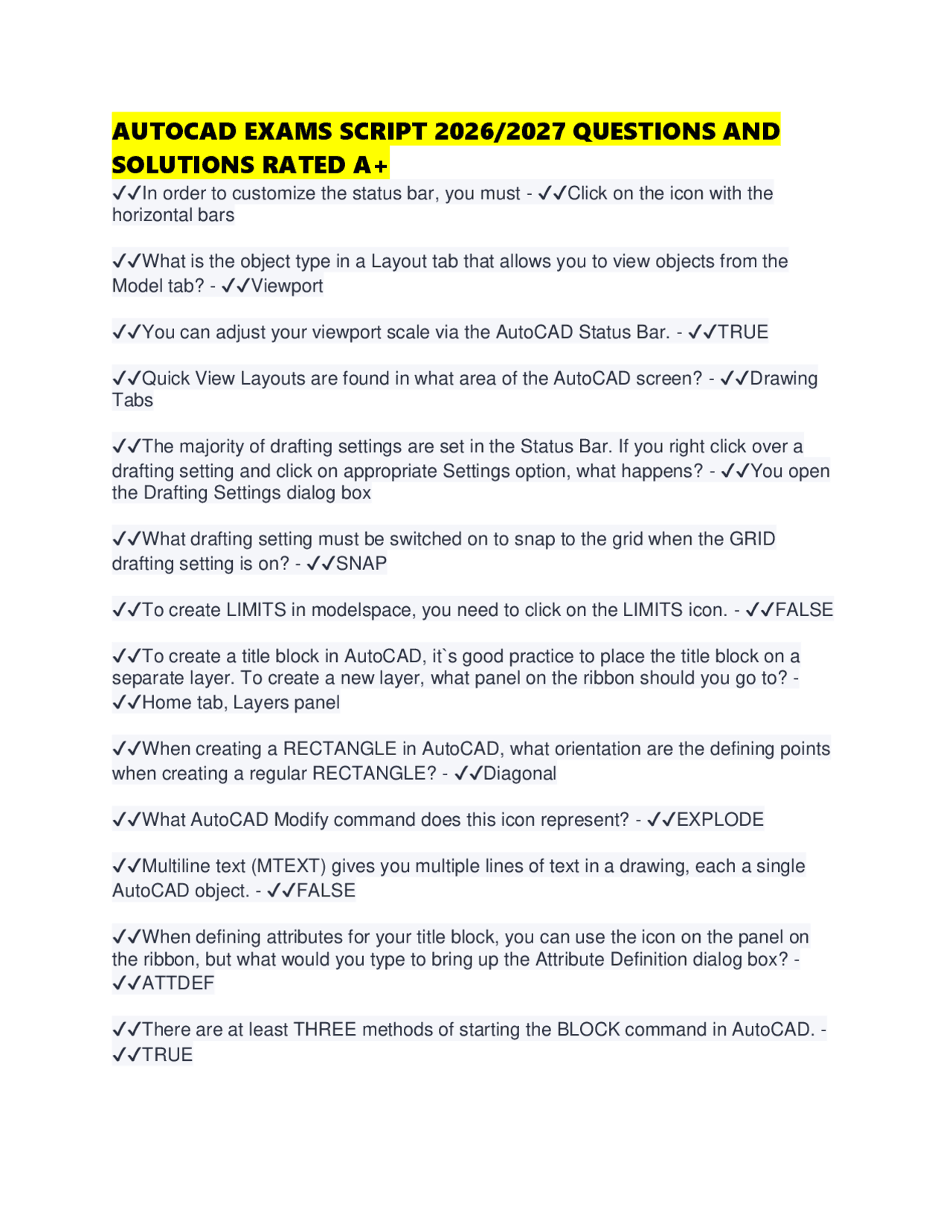 Some Autocad Script Example AUTOCAD EXAMS SCRIPT 2026/2027 QUESTIONS AND SOLUTIONS RATED A+ | Exams ...