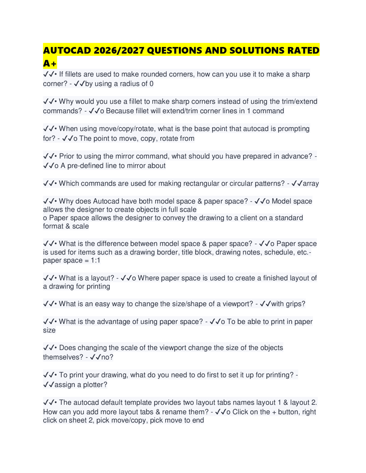 AUTOCAD 2026/2027 QUESTIONS AND SOLUTIONS RATED A+ | Exams Reasoning ...