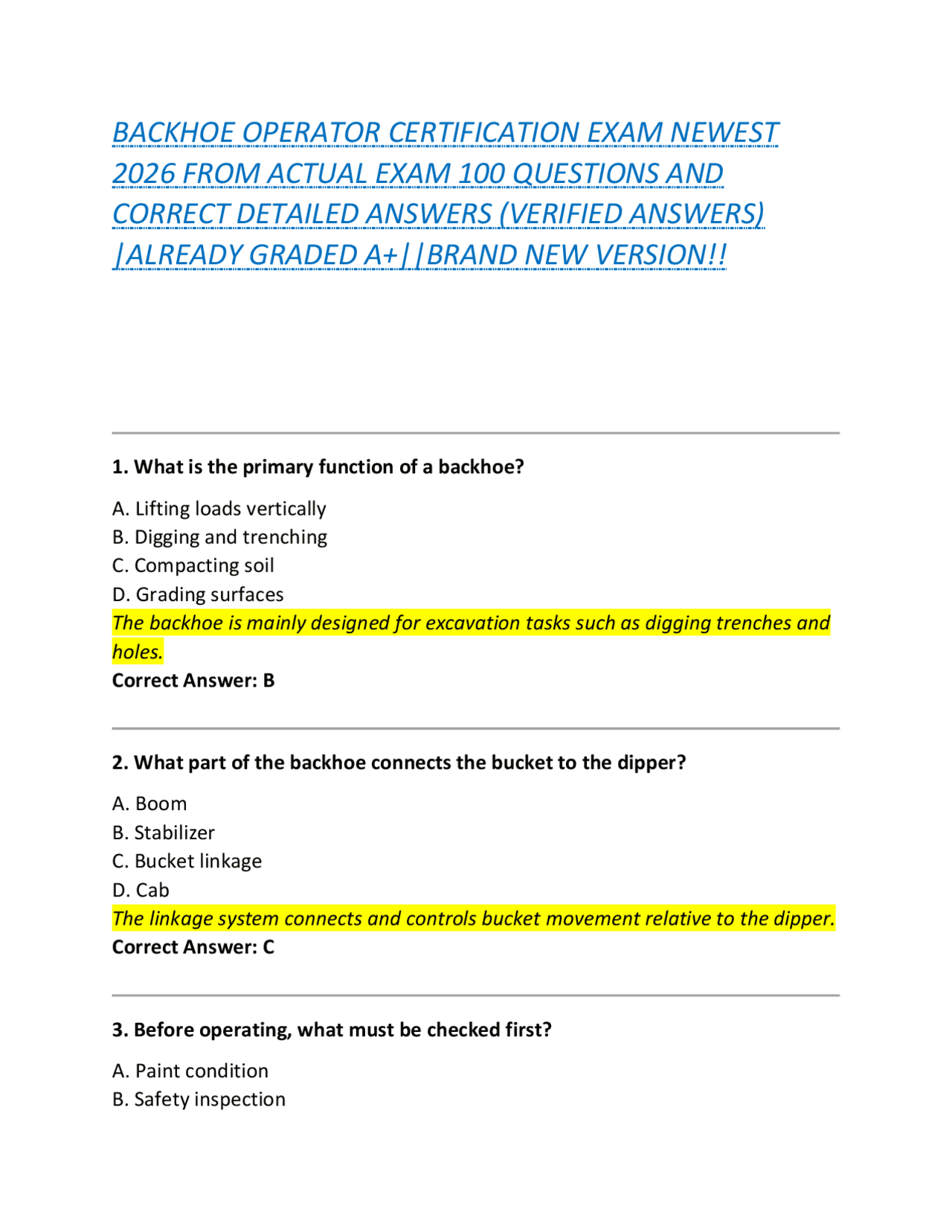 BACKHOE OPERATOR CERTIFICATION EXAM NEWEST 2026 FROM ACTUAL EXAM 100 QUESTIONS AND CORRE | Exams ...