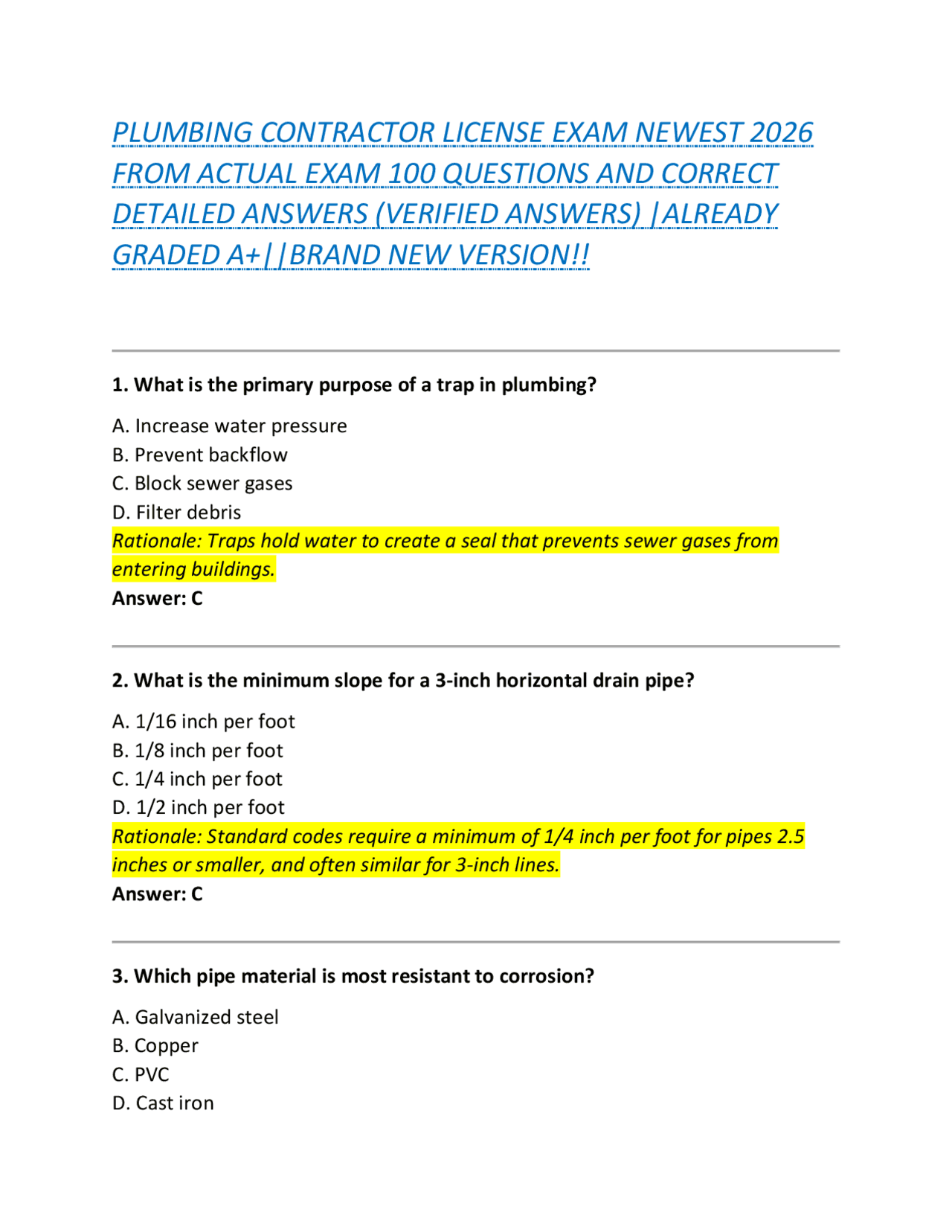 PLUMBING CONTRACTOR LICENSE EXAM NEWEST 2026 FROM ACTUAL EXAM 100
