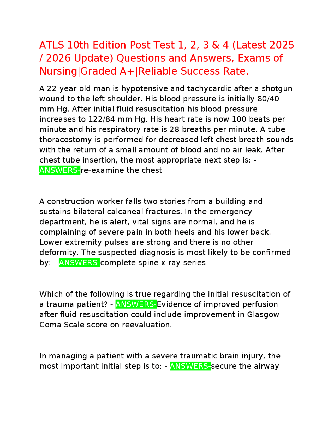 ATLS 10th Edition Post Test 1, 2, 3 & 4 (Latest 2025 / 2026 Update ...