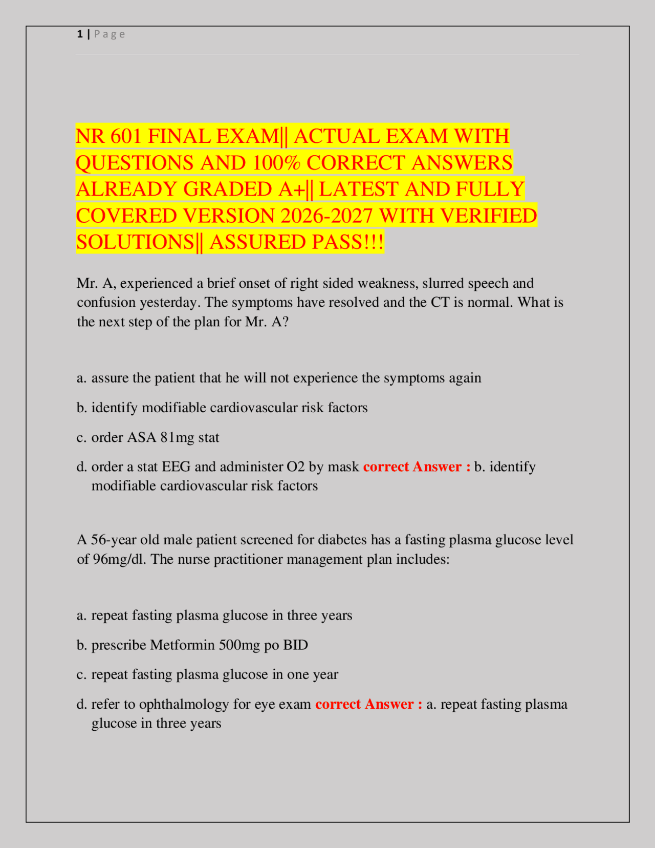 NR 601 Final Exam Study Guide | Primary Care of Older Adults Q&A 2026 ...