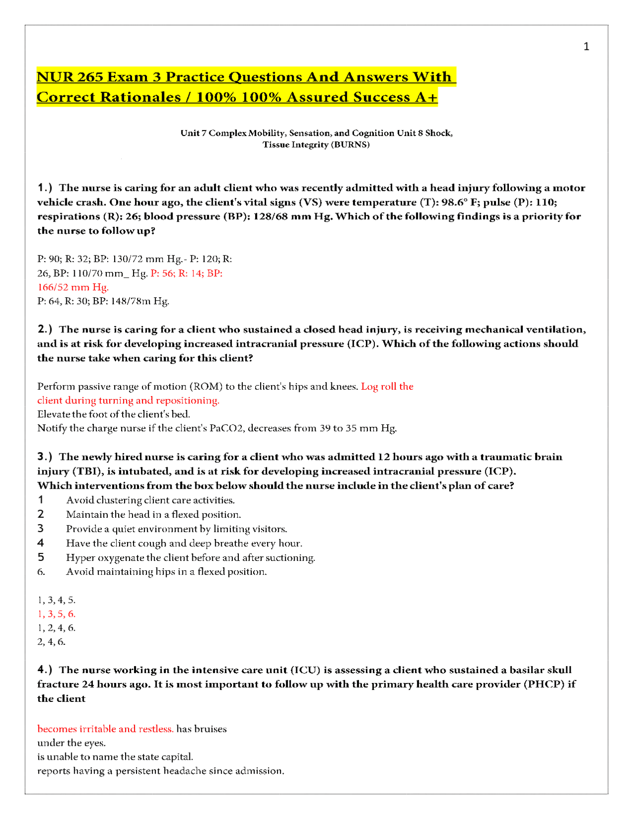 NUR 265 Exam 3 Practice Questions And Answers With Correct Rationales ...