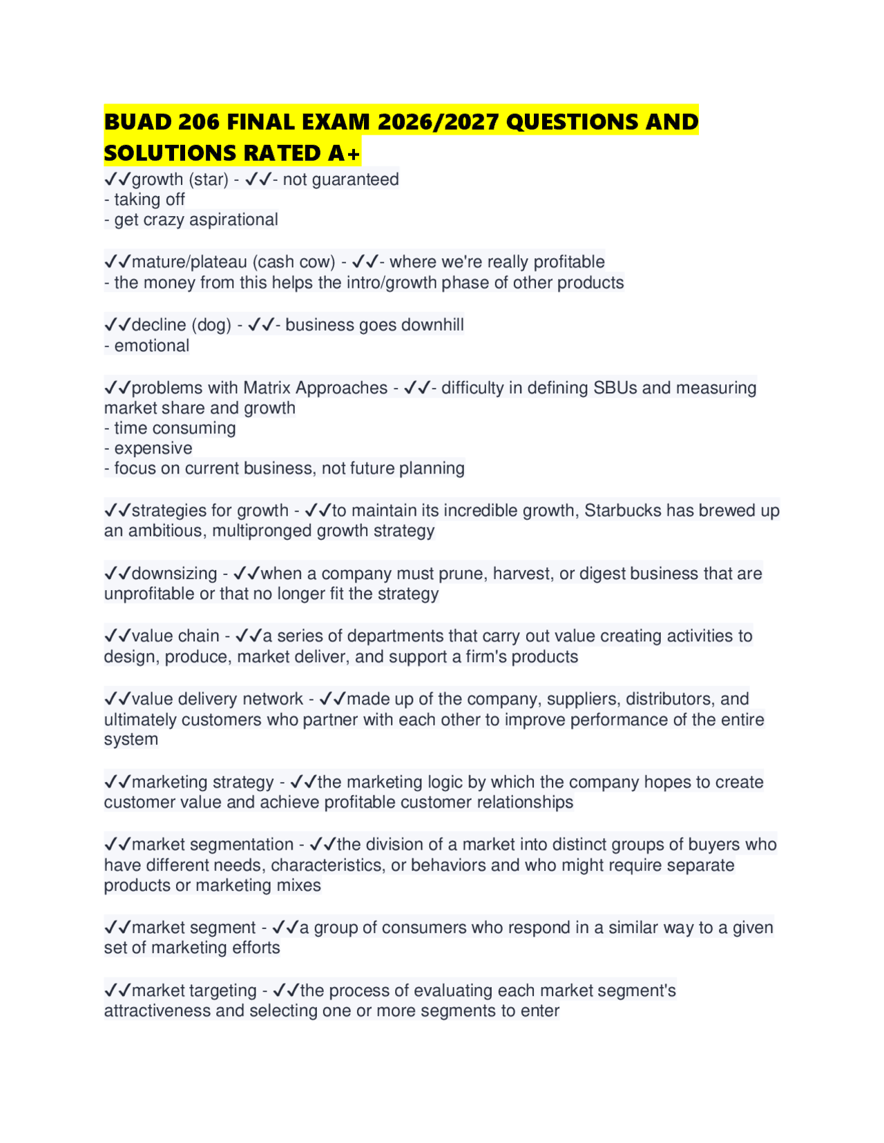 BUAD 206 FINAL EXAM 2026/2027 QUESTIONS AND SOLUTIONS RATED A+ | Exams ...