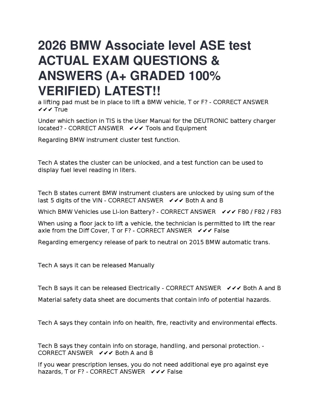 2026 BMW Associate level ASE test ACTUAL EXAM QUESTIONS & ANSWERS (A+ ...