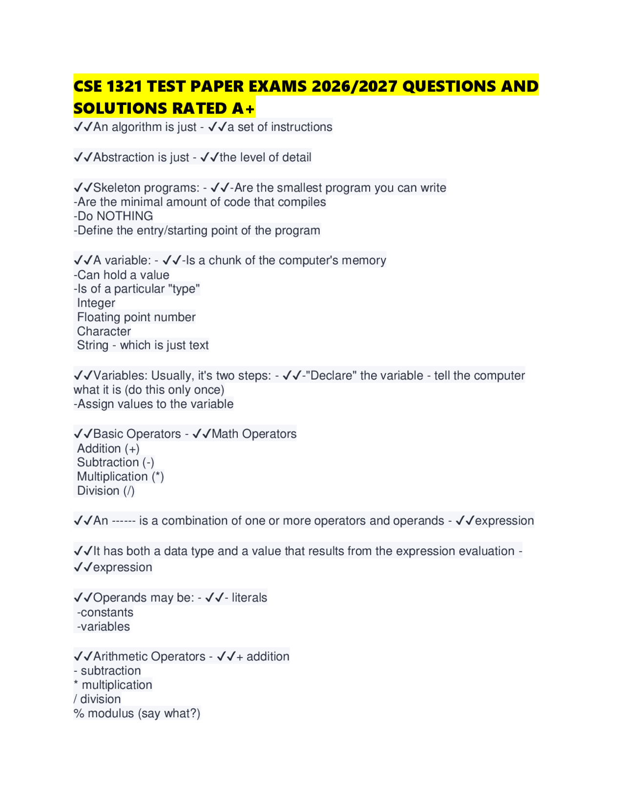 CSE 1321 TEST PAPER EXAMS 2026/2027 QUESTIONS AND SOLUTIONS RATED A+ ...
