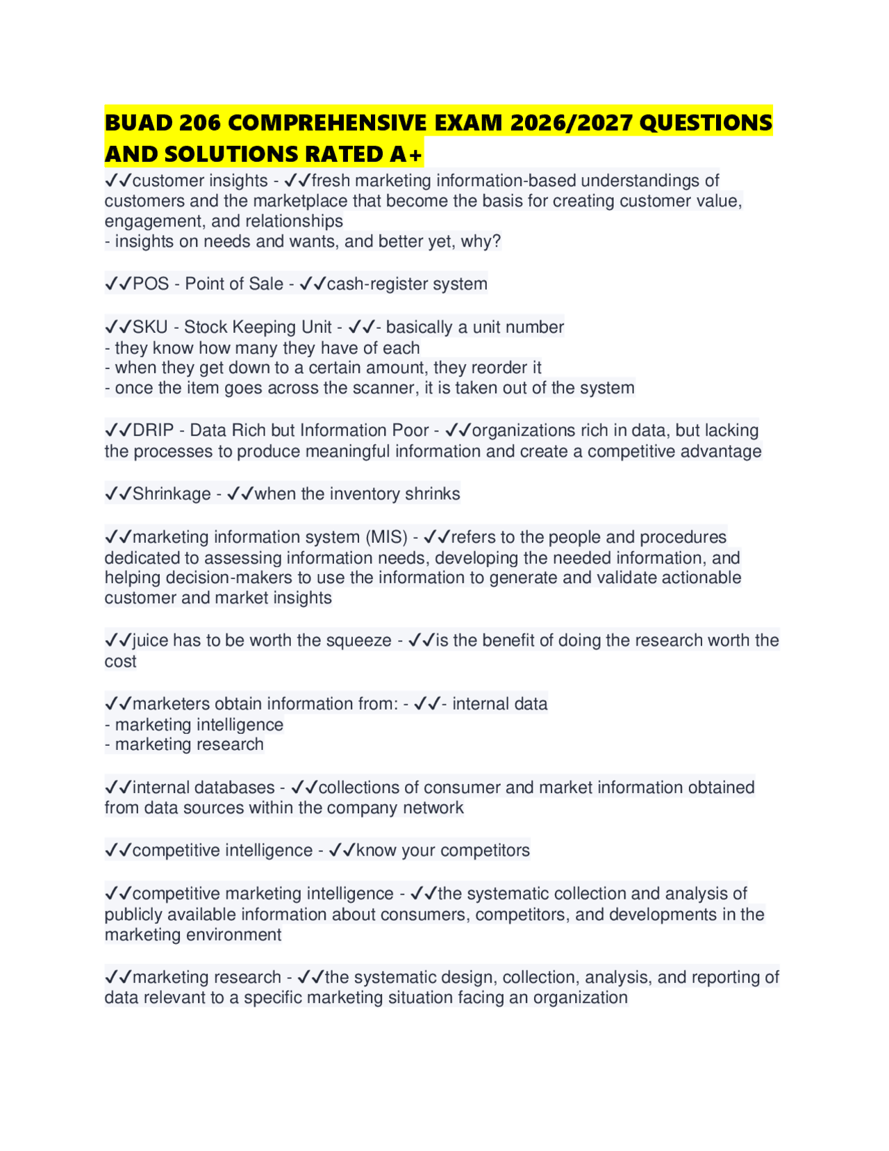 BUAD 206 COMPREHENSIVE EXAM 2026/2027 QUESTIONS AND SOLUTIONS RATED A+ ...