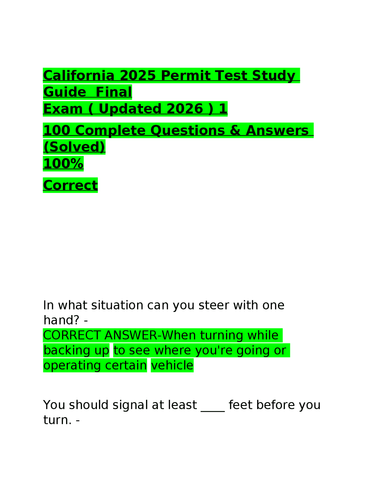 California 2025 Permit Test Study Guide Final Exam ( Updated 2026 ) 1 ...
