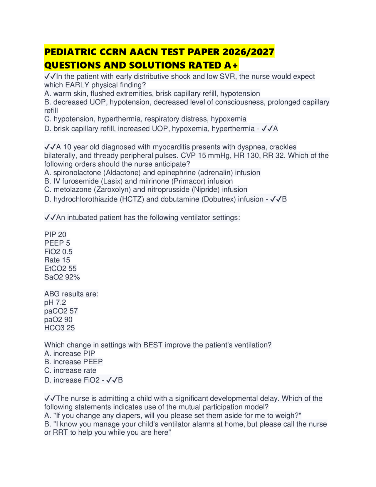 PEDIATRIC CCRN AACN TEST PAPER 2026/2027 QUESTIONS AND SOLUTIONS RATED ...