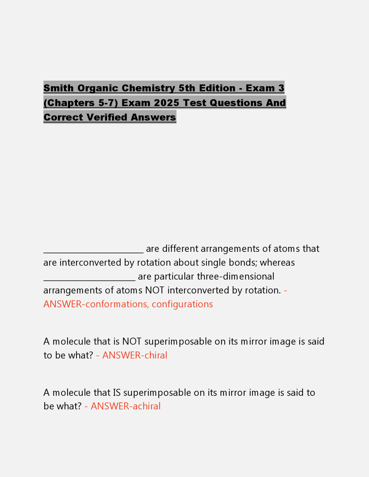 Smith Organic Chemistry 5th Edition - Exam 3 (Chapters 5-7) Exam 2026 ...