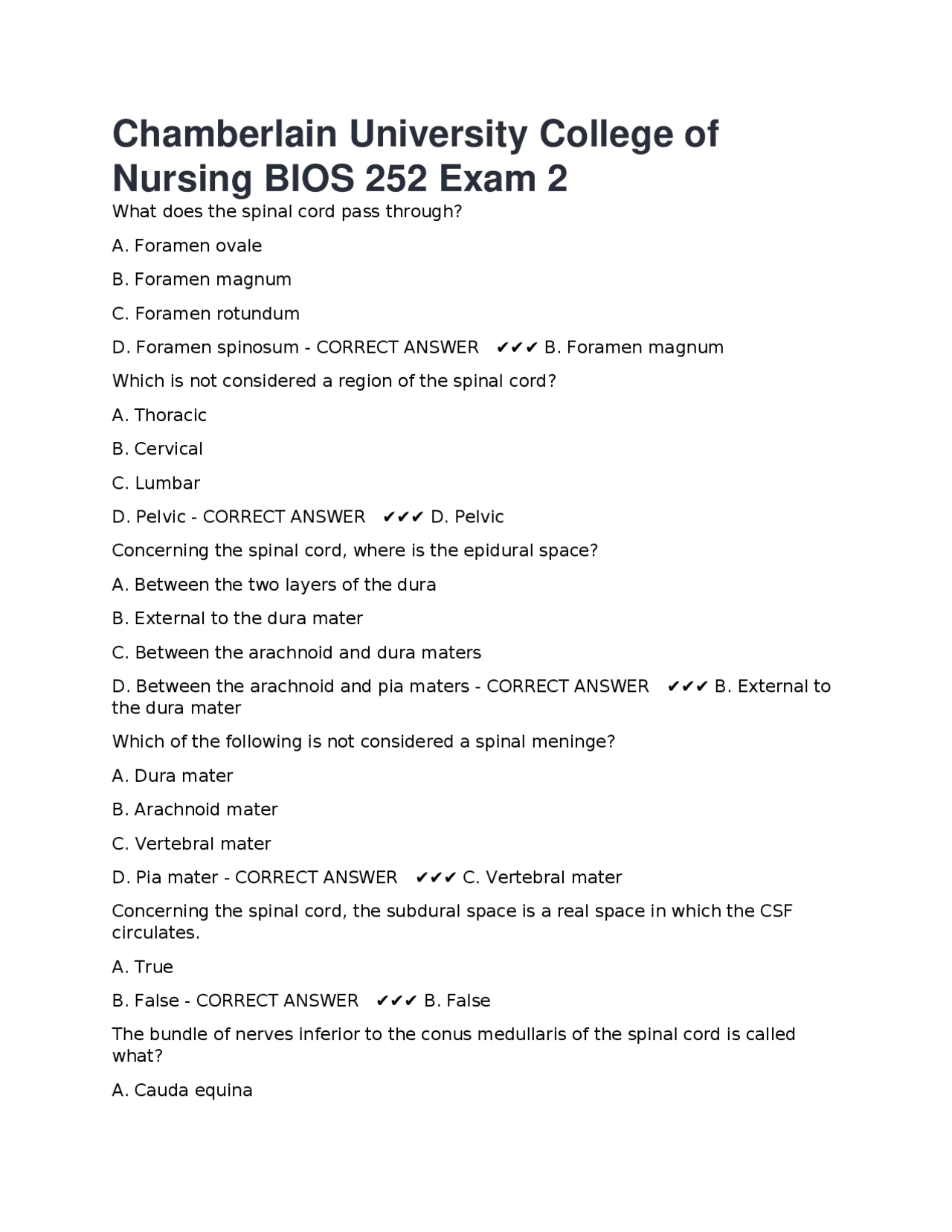 Chamberlain University College of Nursing BIOS 252 Exam 2 | Exams ...