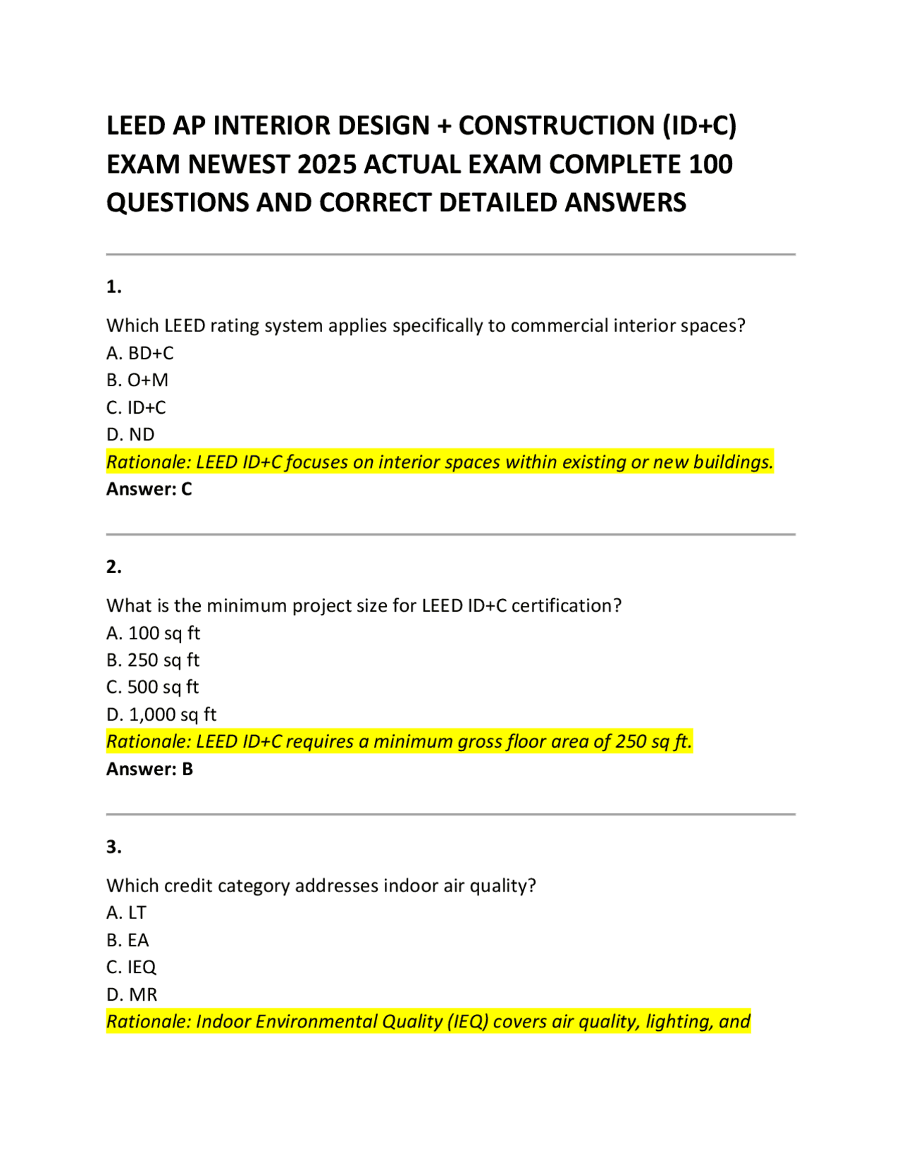 LEED AP INTERIOR DESIGN + CONSTRUCTION (ID+C) EXAM NEWEST 2025 ACTUAL ...