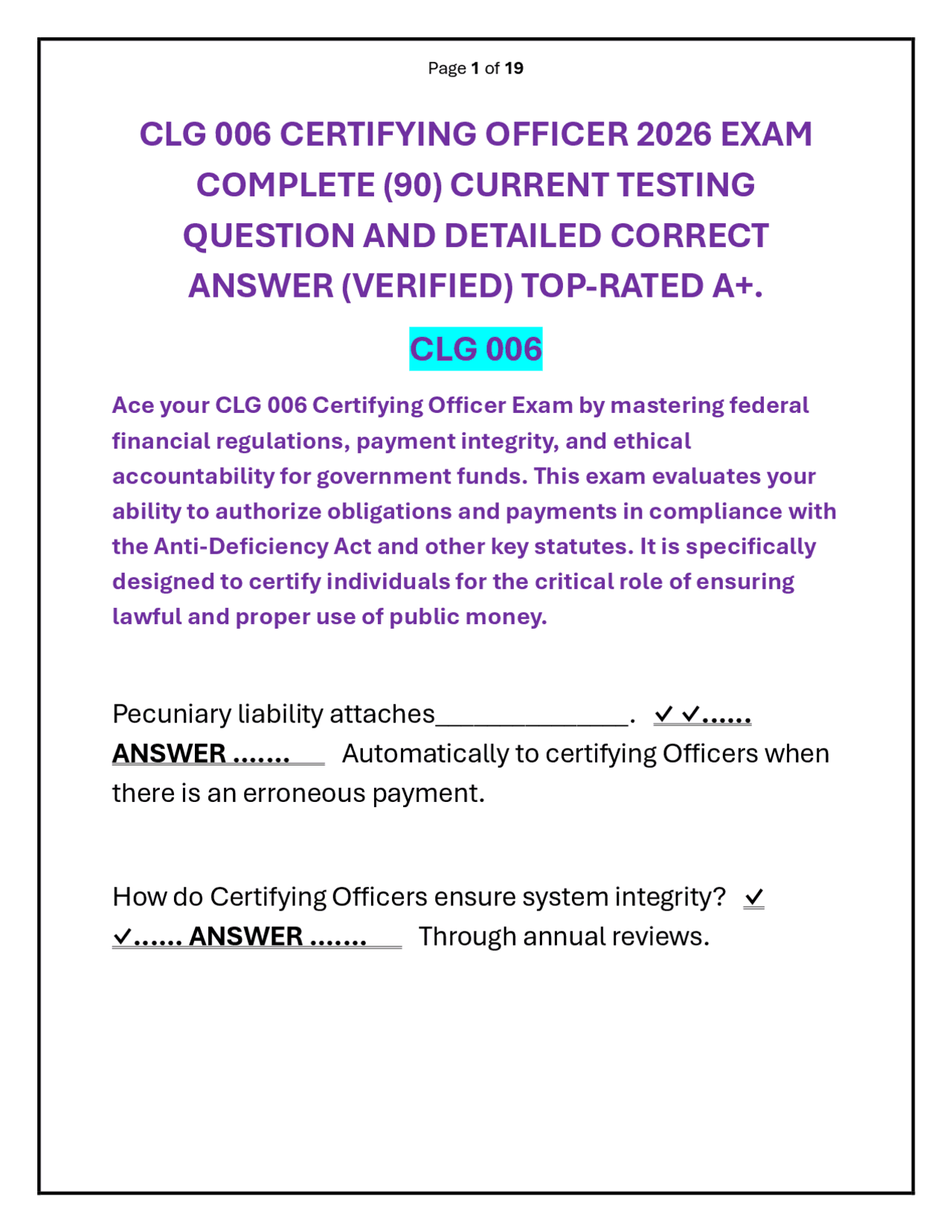 CLG 006 CERTIFYING OFFICER 2026 EXAM QUESTION AND ANSWER | Exams ...