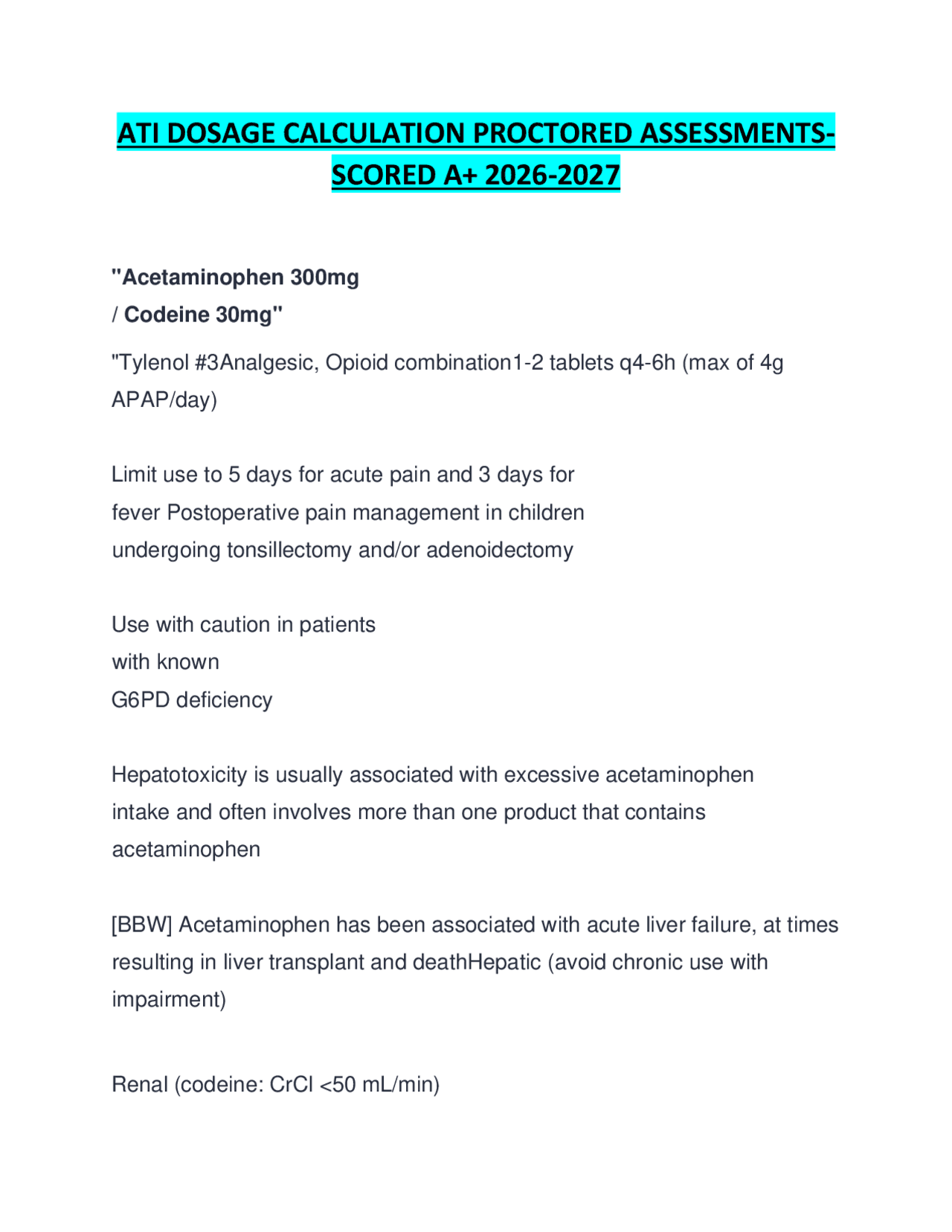 ATI DOSAGE CALCULATION PROCTORED ASSESSMENTS- SCORED A+ 2026-2027 ...