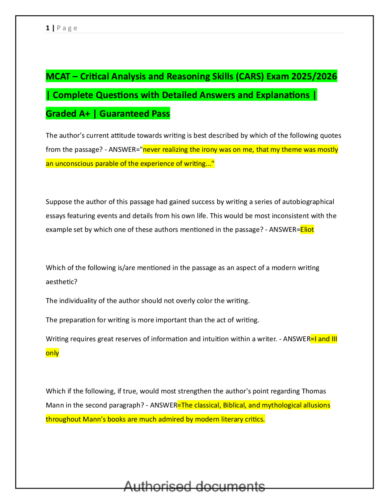MCAT Critical Analysis and Reasoning Skills (CARS) Study Guide ...
