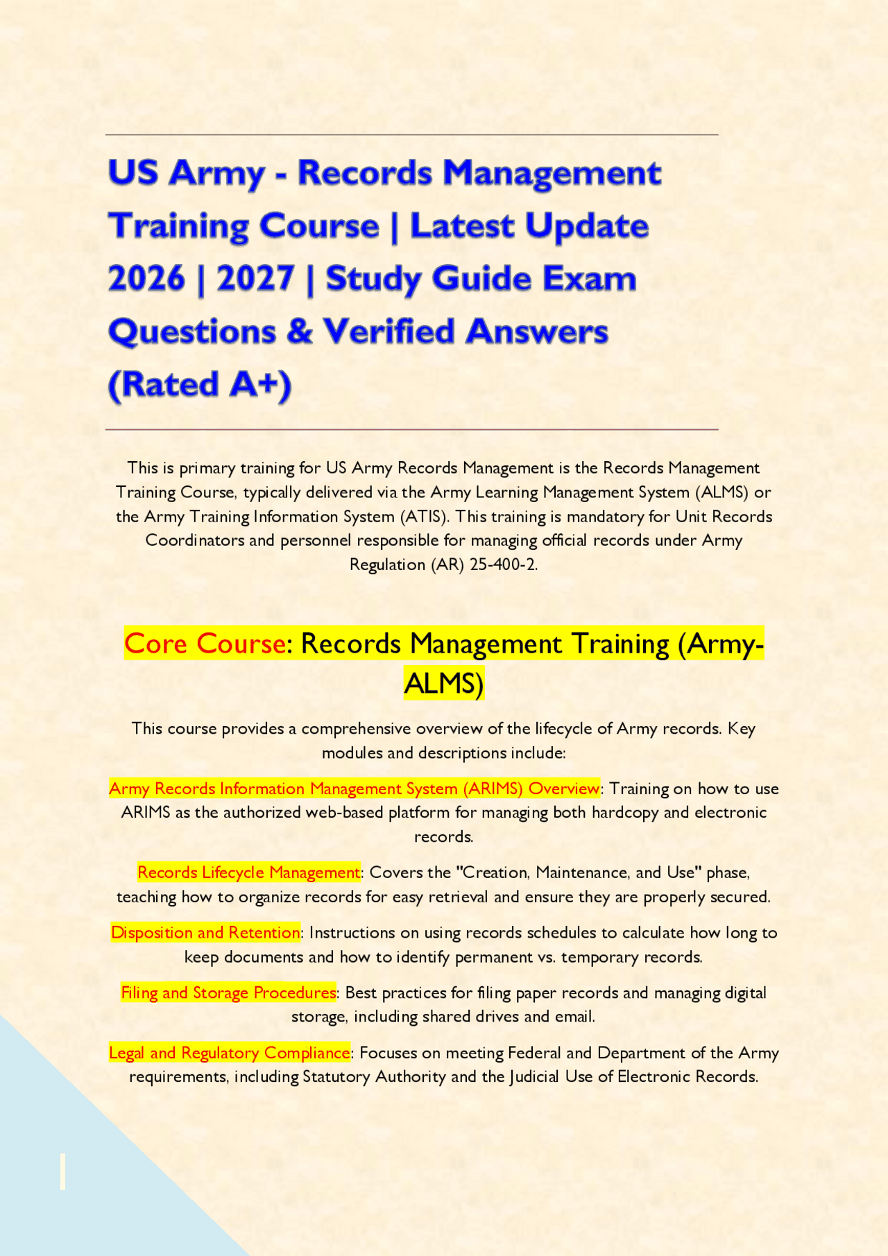 US Army - Records Management Training Course | Latest Update 2026 ...