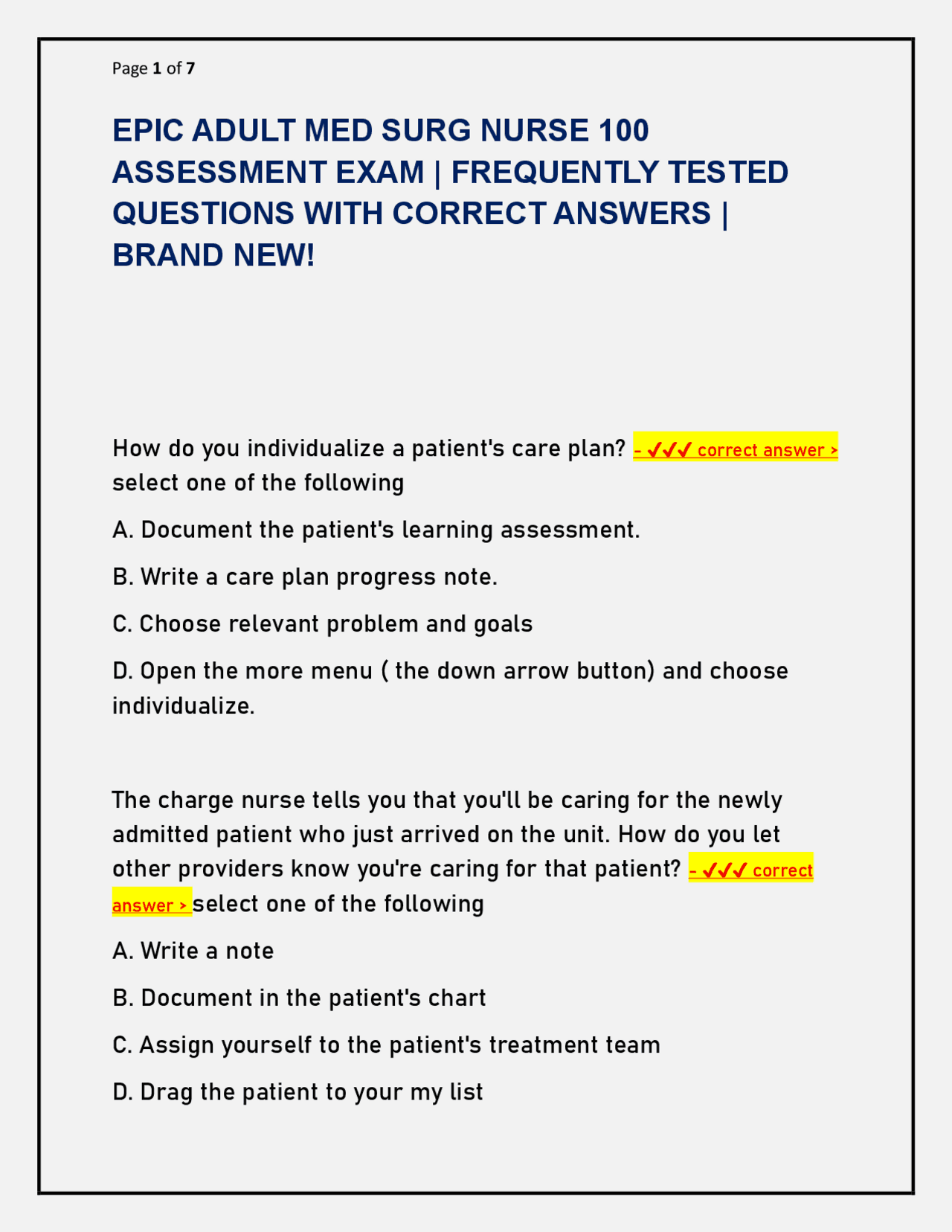 EPIC ADULT MED SURG NURSE 100 ASSESSMENT EXAM | FREQUENTLY TESTED QUESTIONS WITH ANSWERS | Exams ...