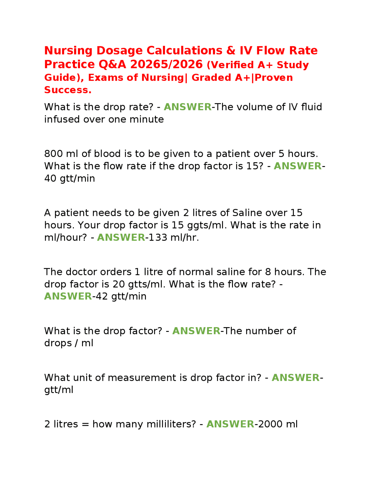 Nursing Dosage Calculations & IV Flow Rate Practice Q&A 20265/2026 ...