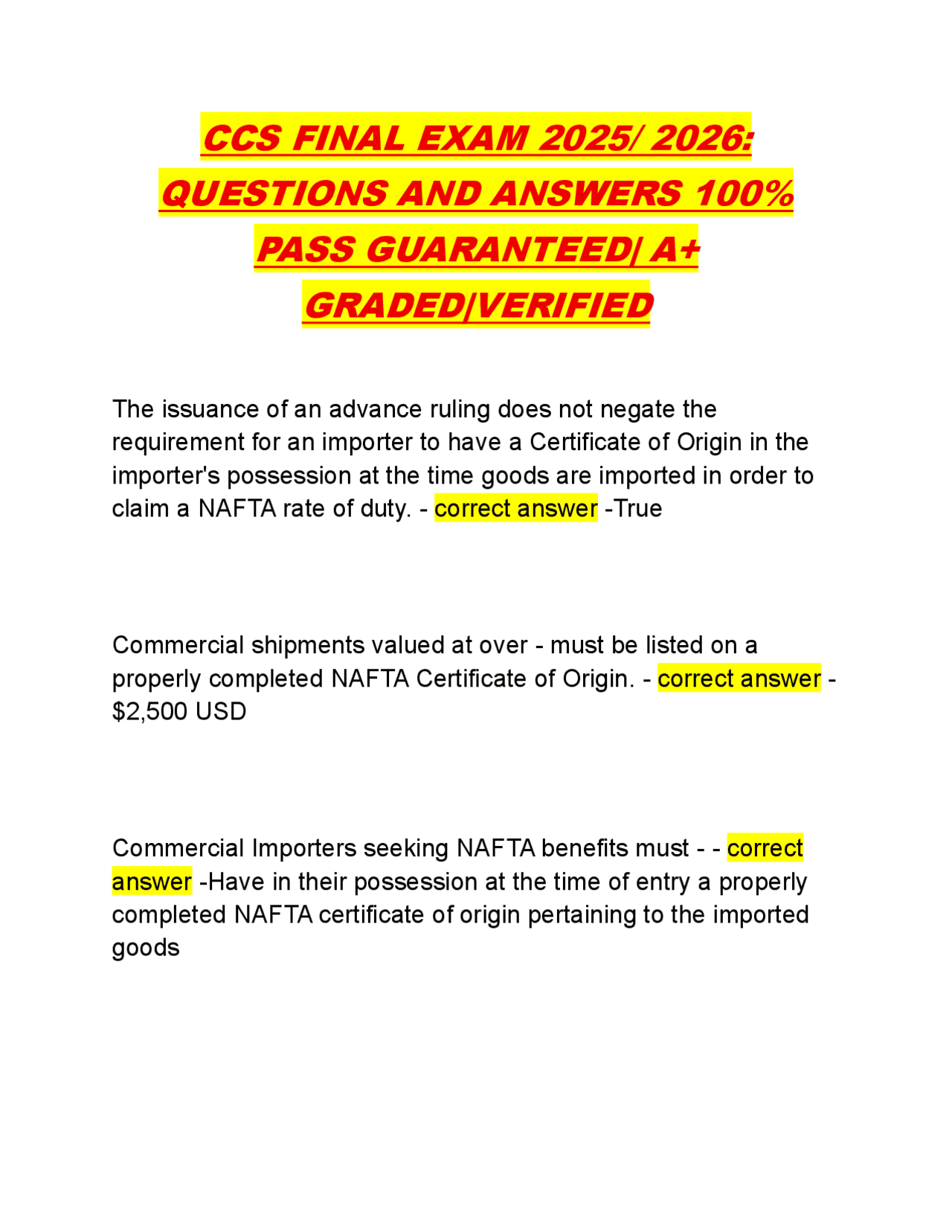 CCS FINAL EXAM 2025/ 2026: QUESTIONS AND ANSWERS 100% PASS GUARANTEED ...