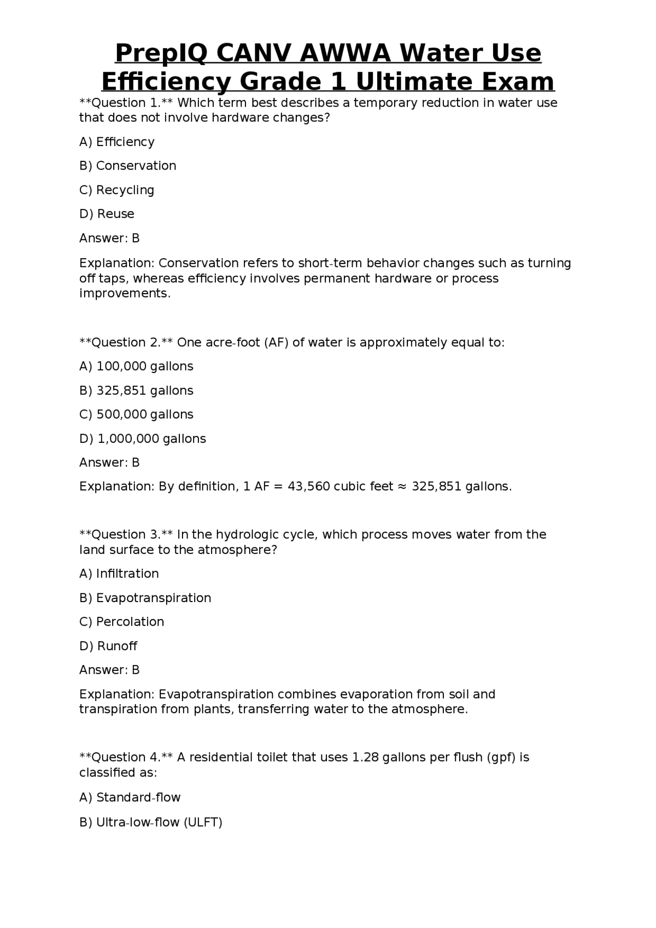Awwa Water Testing PrepIQ CANV AWWA Water Use Efficiency Grade 1 Ultimate Exam | Exams ...