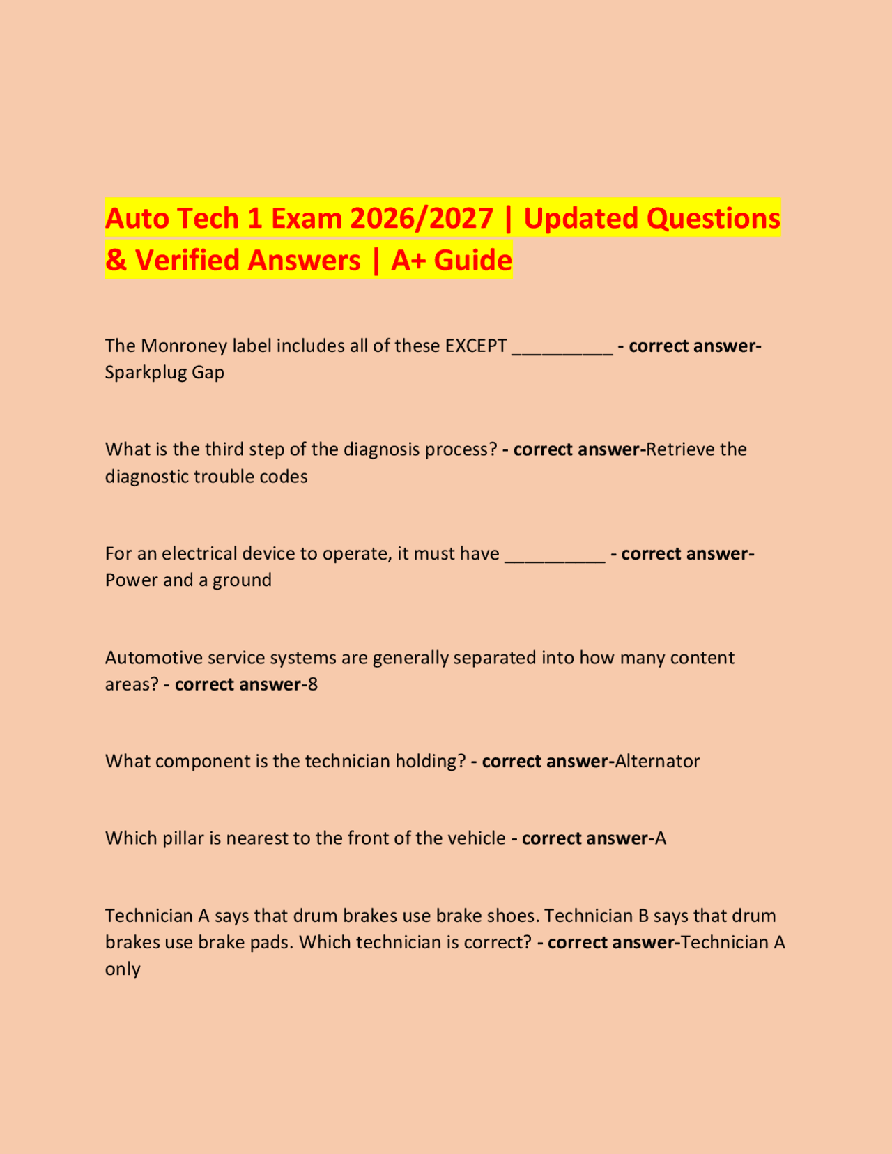 Auto Tech 1 Exam 2026/2027 | Updated Questions & Verified Answers | A+ ...