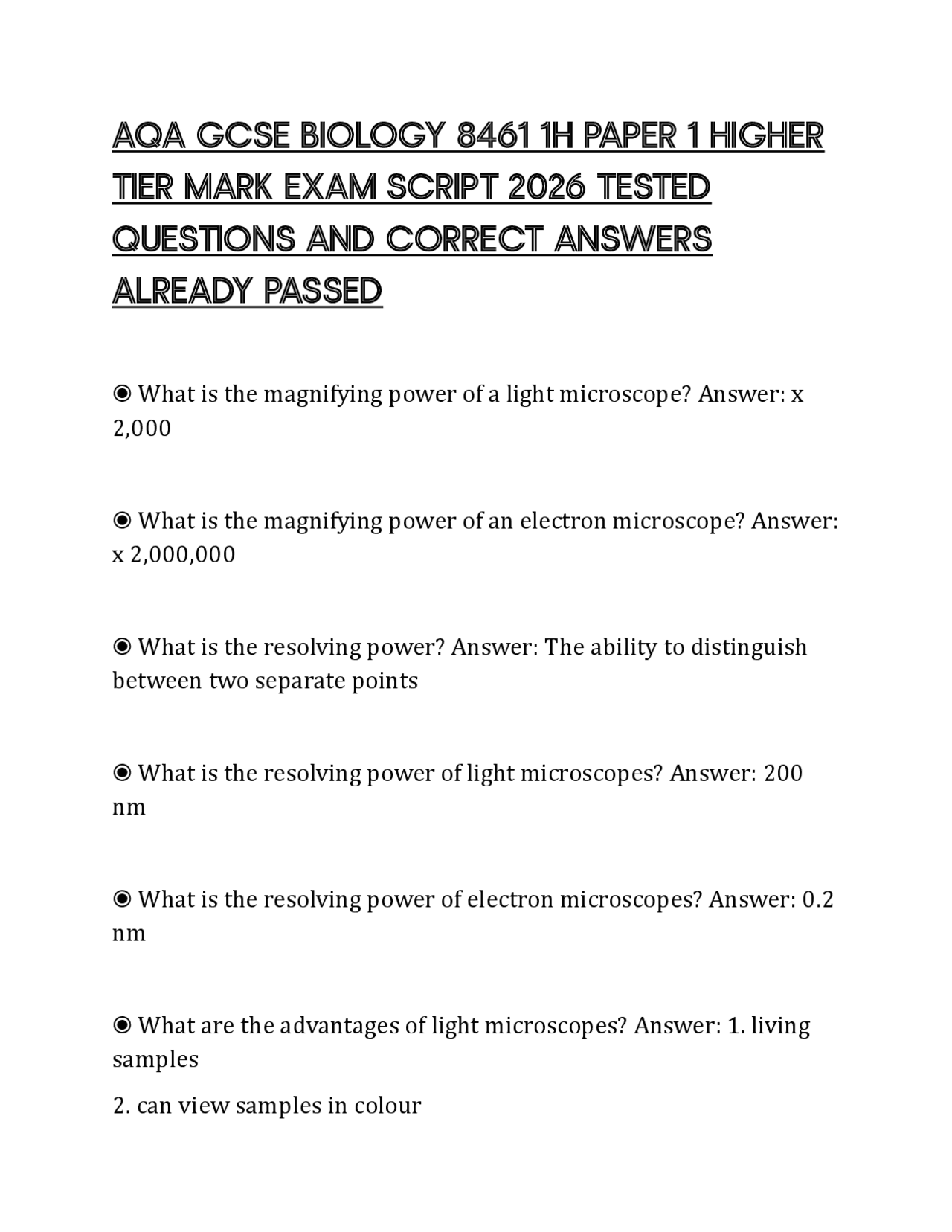 AQA GCSE BIOLOGY 8461 1H PAPER 1 HIGHER TIER MARK EXAM SCRIPT 2026 ...
