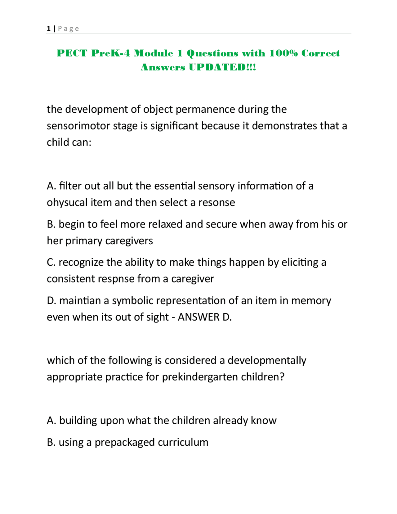 PECT PreK-4 Module 1 Questions with 100% Correct Answers UPDATED ...