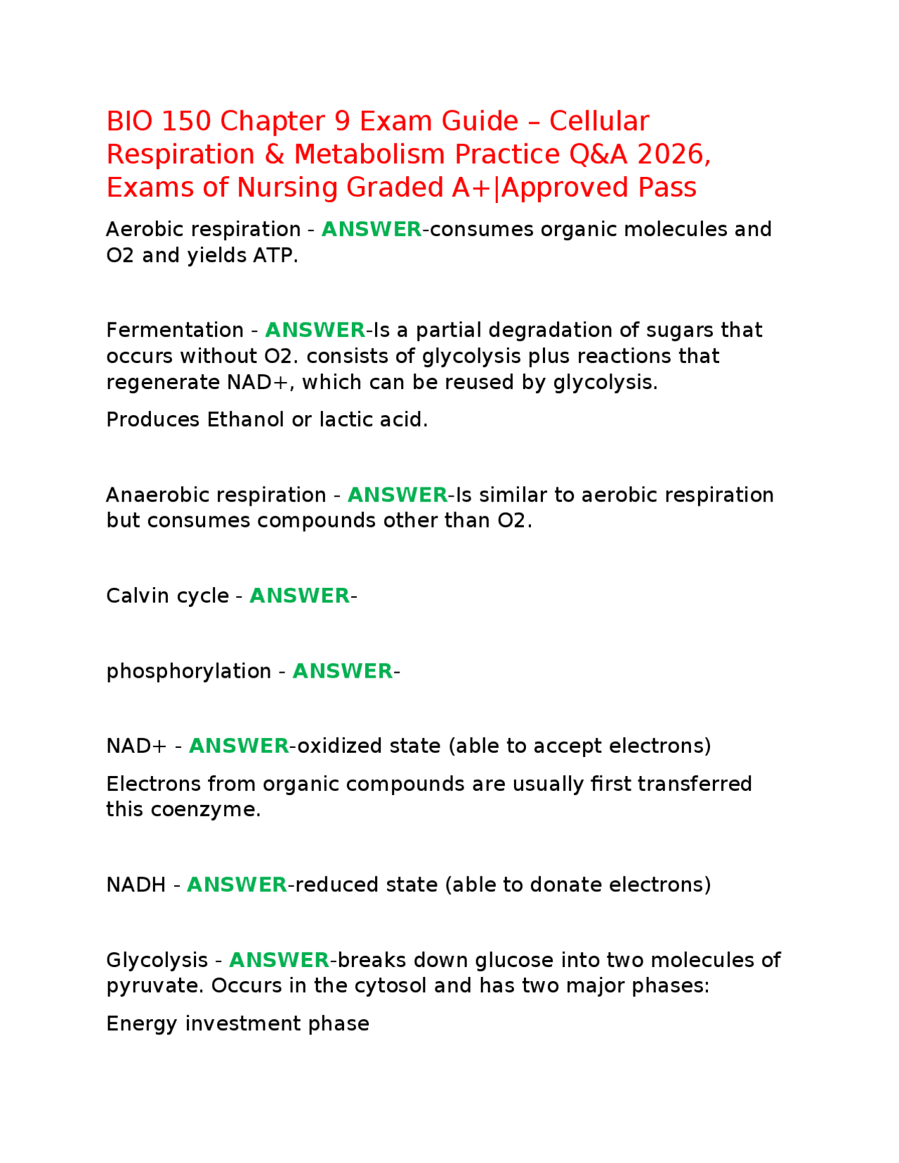BIO 150 Chapter 9 Exam Guide – Cellular Respiration & Metabolism ...