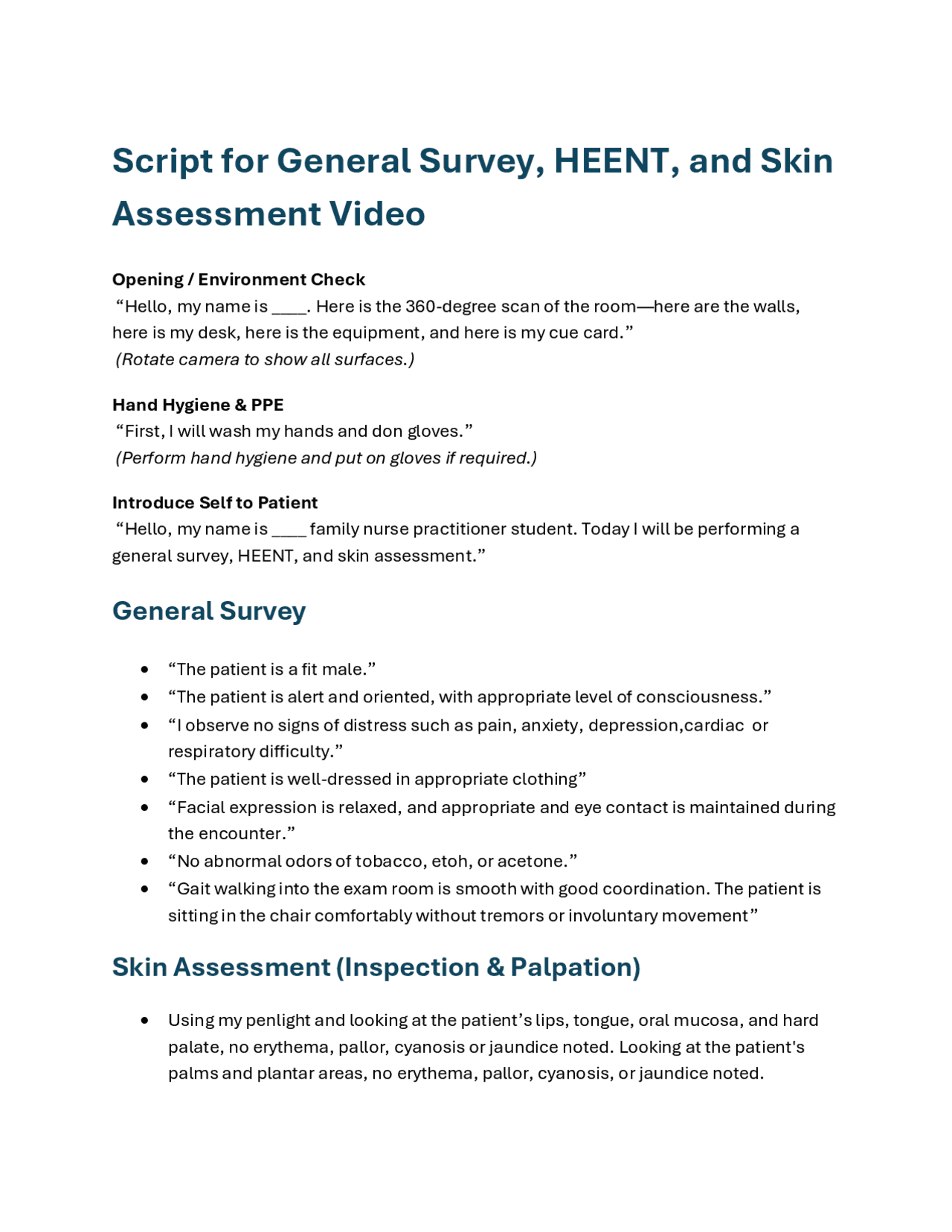 NURS 6621 HA General Survey, HEENT & Skin Script SPRING 2026 WALDEN ...