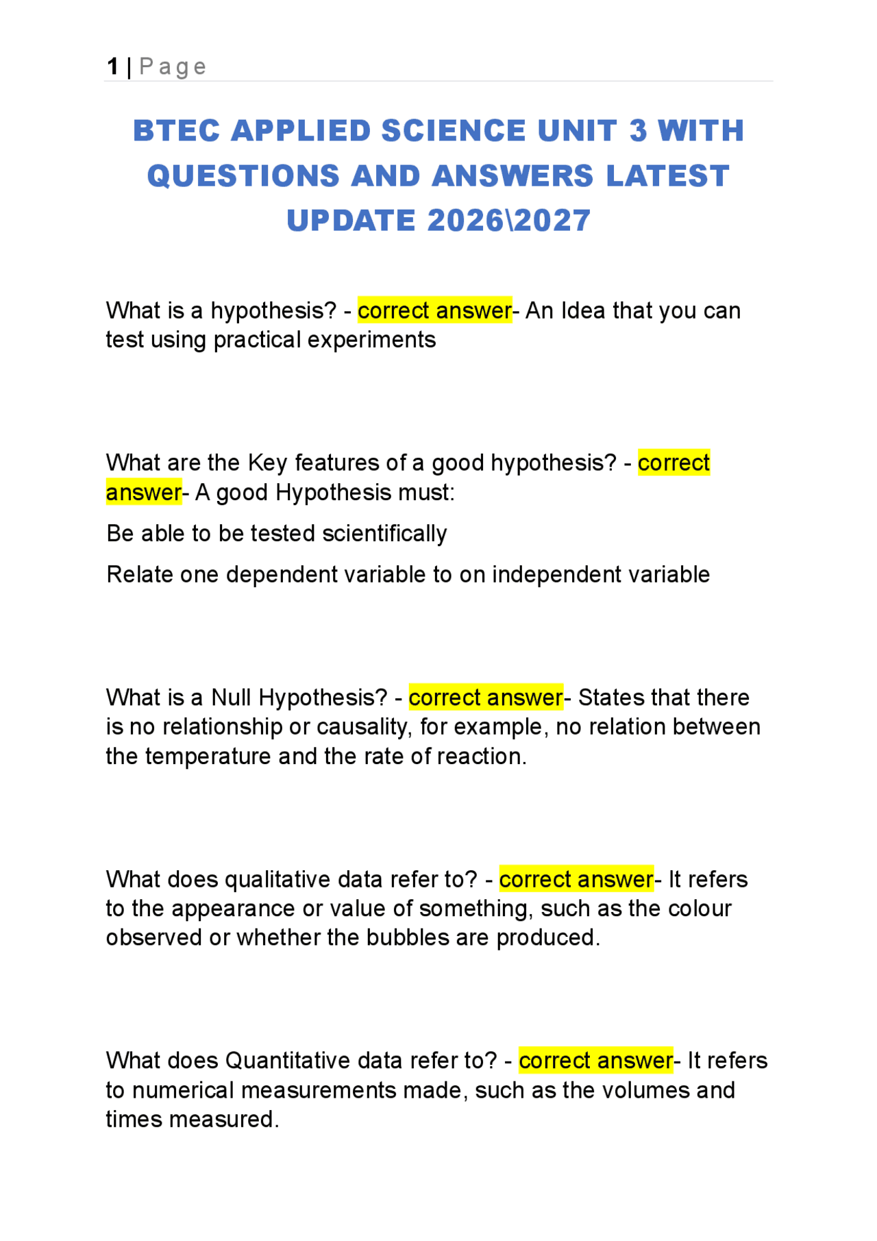 BTEC APPLIED SCIENCE UNIT 3 WITH QUESTIONS AND ANSWERS LATEST UPDATE ...