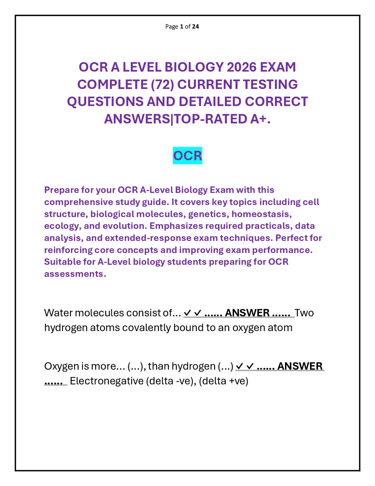 OCR A LEVEL BIOLOGY 2026 EXAM QUESTION AND ANSWER | Exams Biology | Docsity
