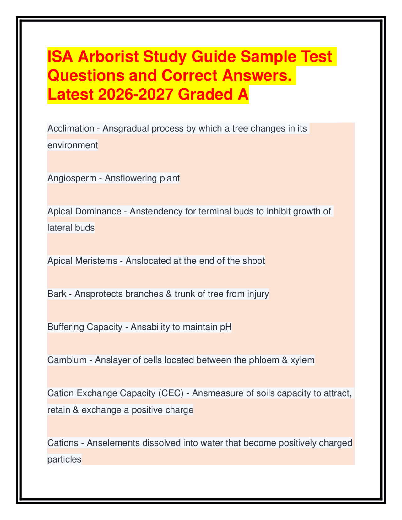 ISA Arborist Study Guide Sample Test Q&A. Latest 2026-2027 Graded A ...