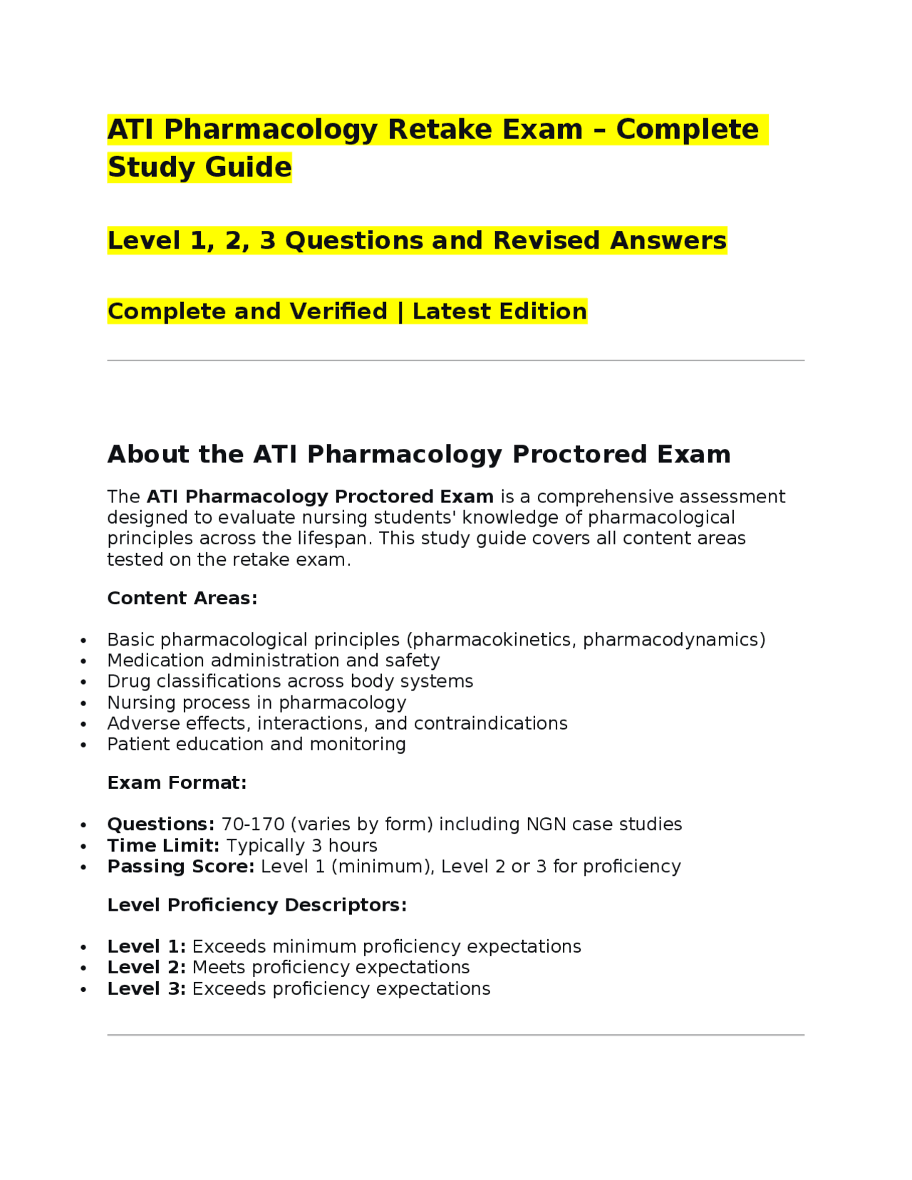 ATI Pharmacology Retake Exam – Complete Study Guide Level 1, 2, 3 ...