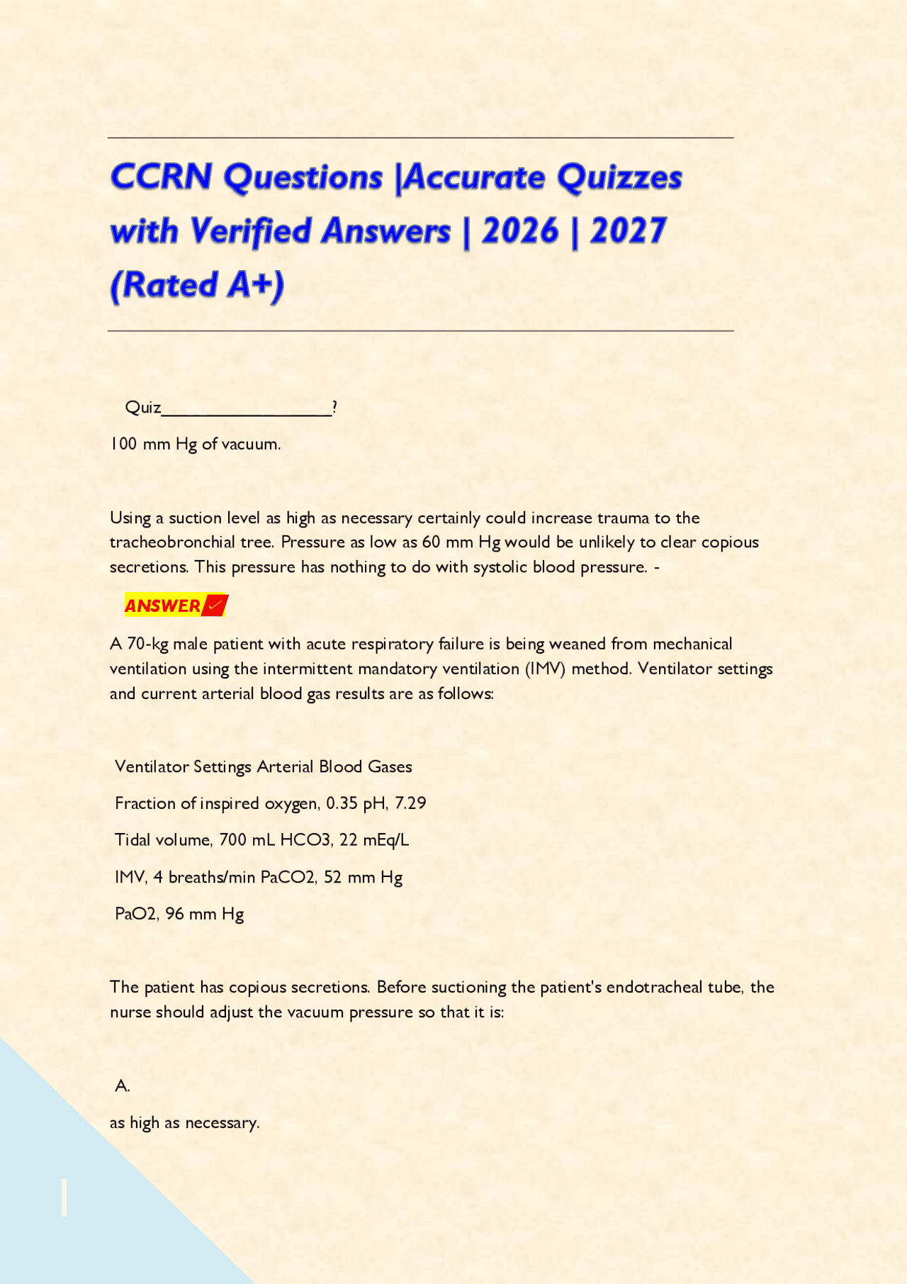 CCRN Questions |Accurate Quizzes with Verified Answers | 2026 | 2027 ...