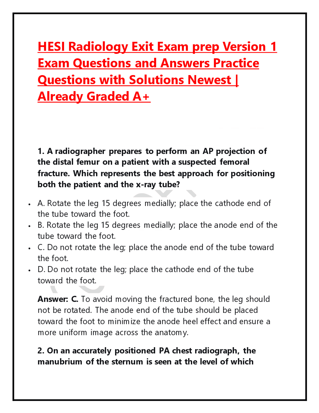 HESI Radiology Exit Exam prep Version 1 Exam Questions and Answers Practice Questions with ...