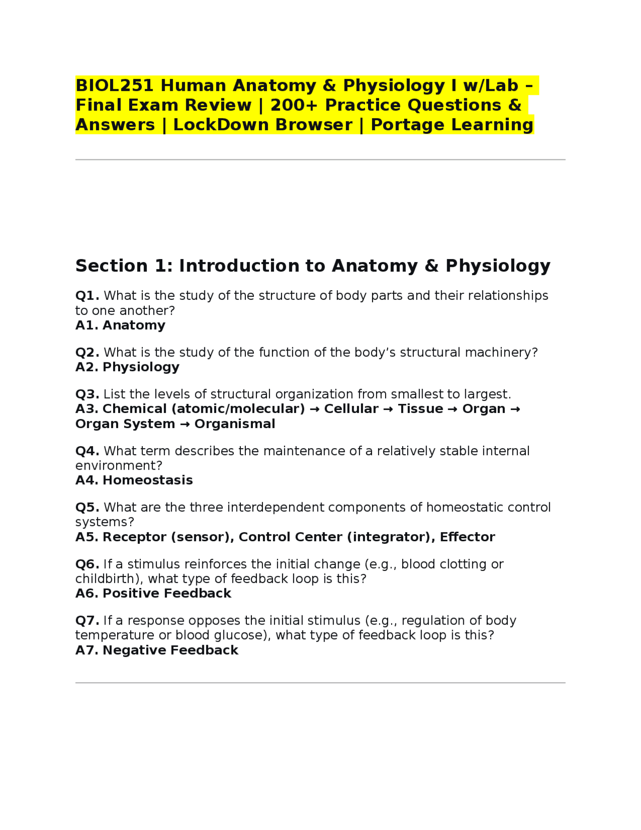BIOL251 Human Anatomy & Physiology I w/Lab – Final Exam Review | 200 ...