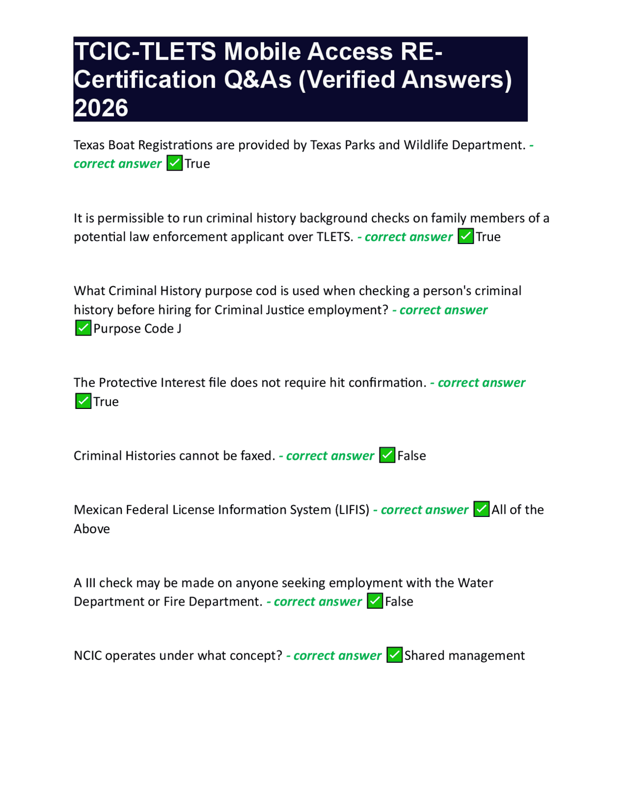TCIC-TLETS Mobile Access RE-Certification Q&amp;As (Verified Answers) 2026.pdf | Exams Nursing | Docsity