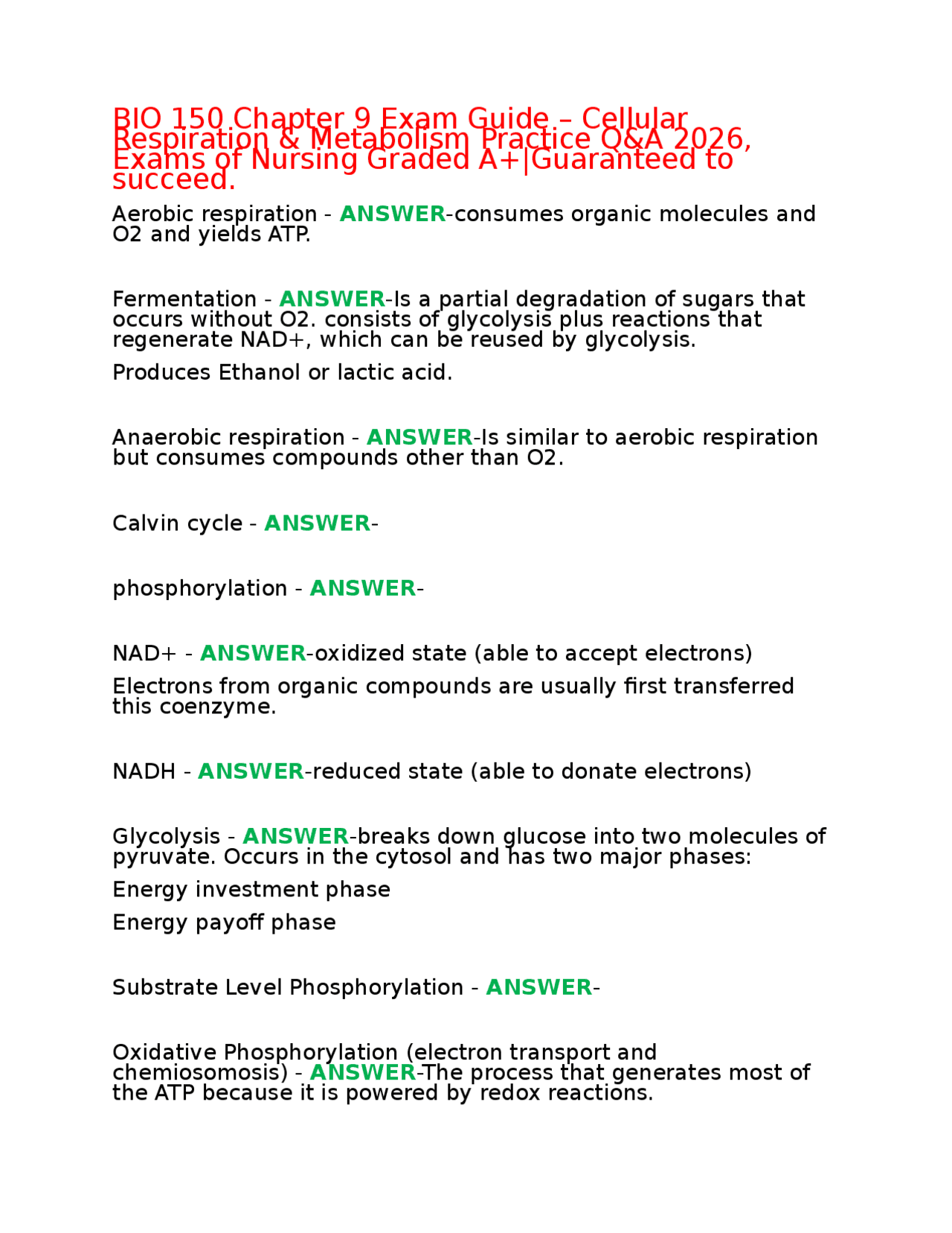BIO 150 Chapter 9 Exam Guide – Cellular Respiration & Metabolism ...