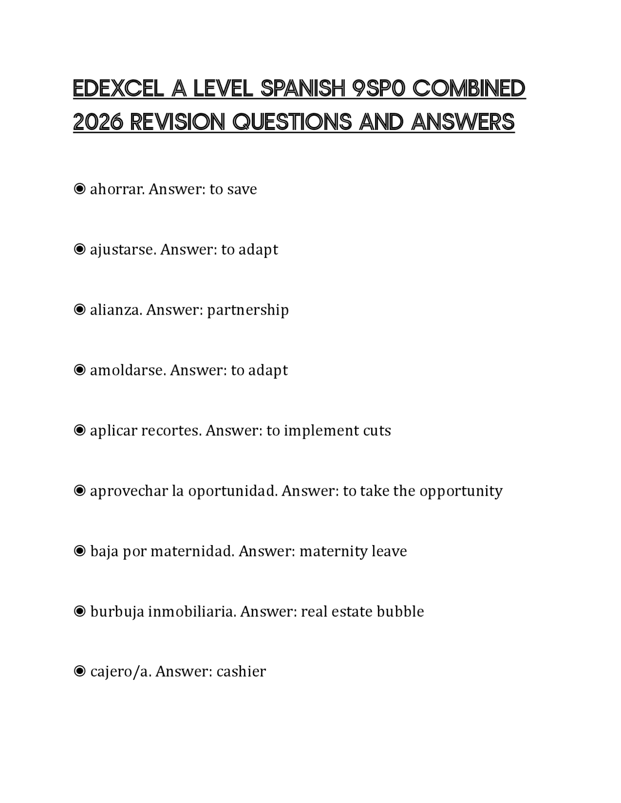 EDEXCEL A LEVEL SPANISH 9SP0 COMBINED 2026 REVISION QUESTIONS AND ...